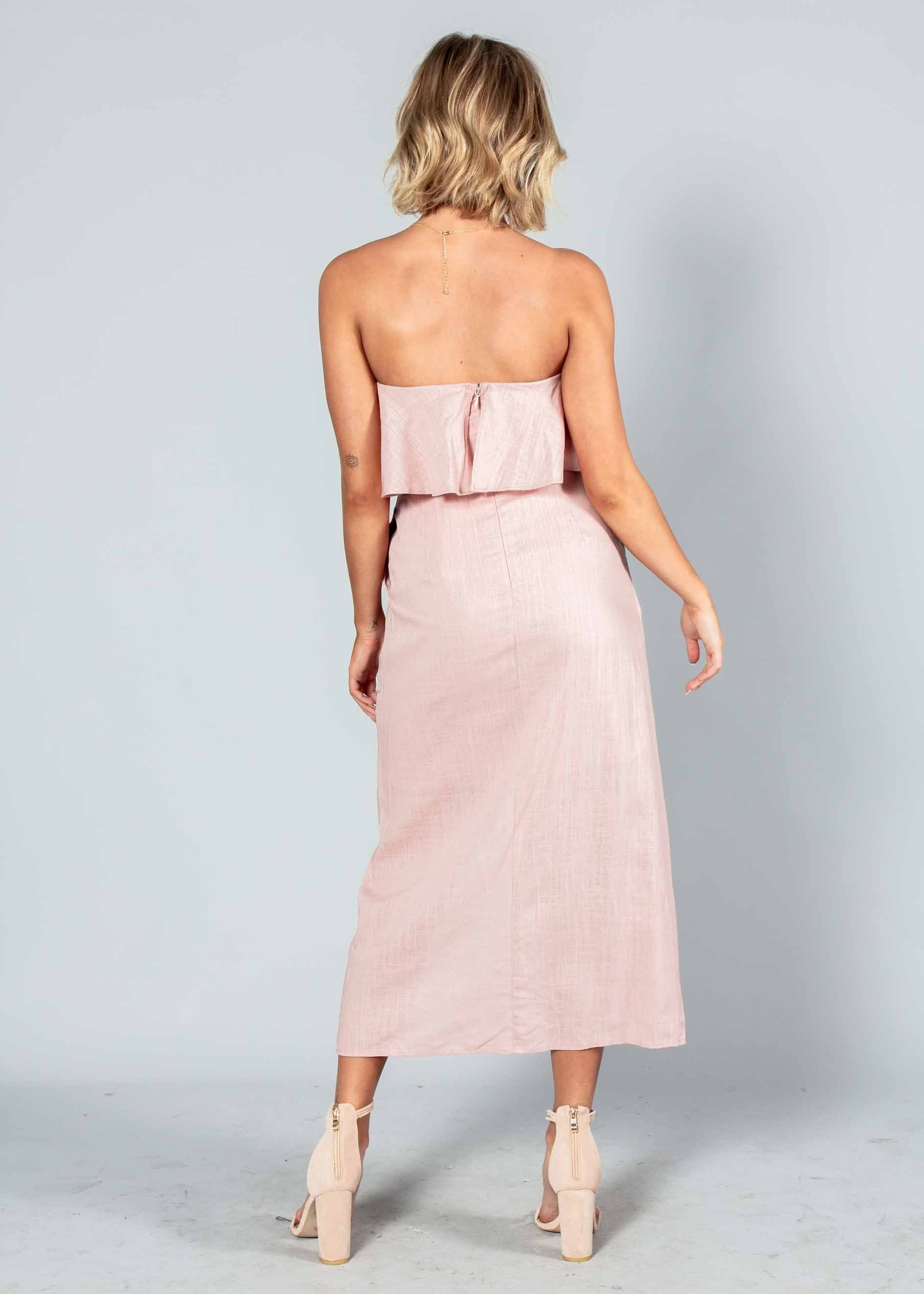 Quinn Strapless Midi Dress w/ Tie - Blush