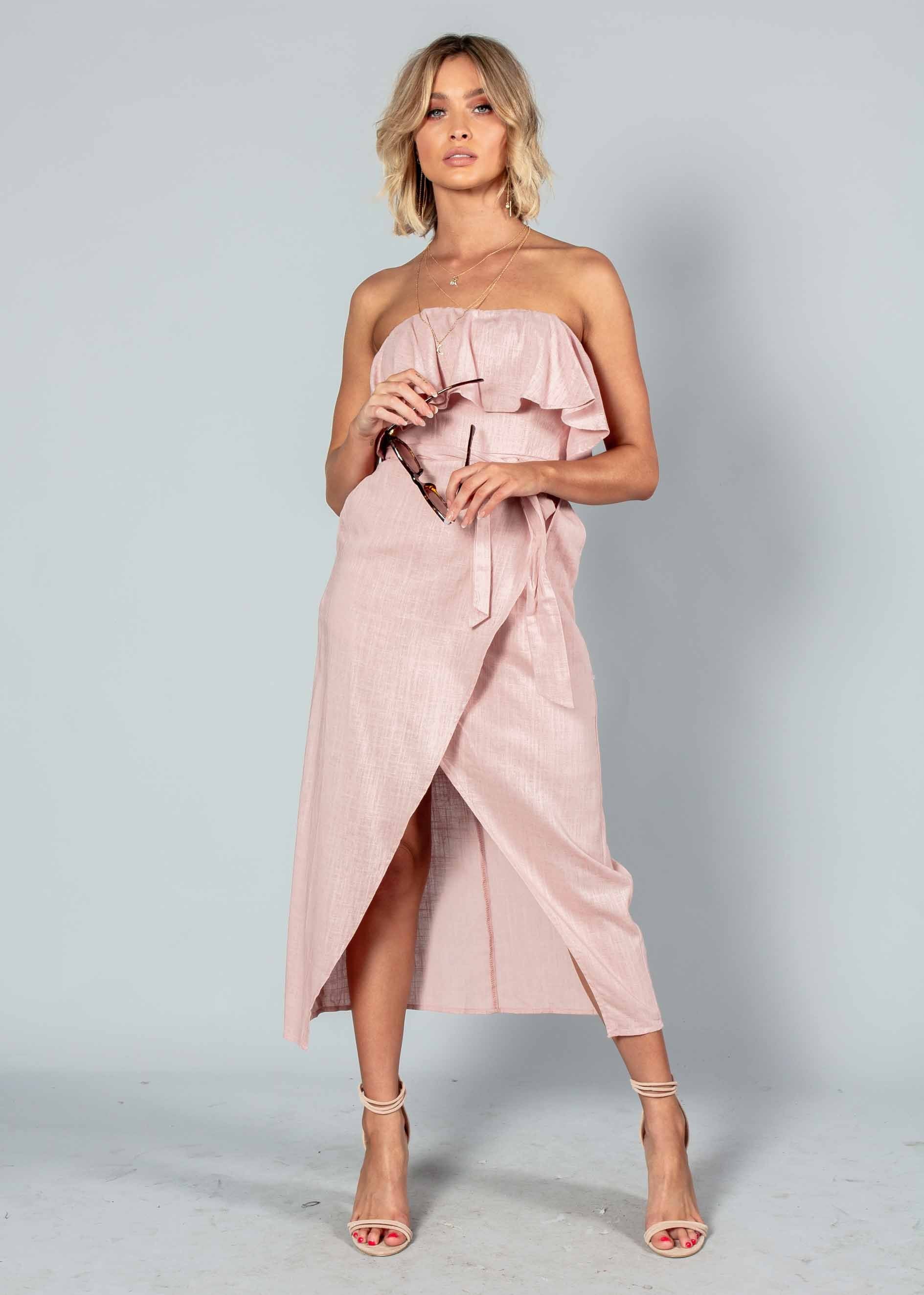 Quinn Strapless Midi Dress w/ Tie - Blush