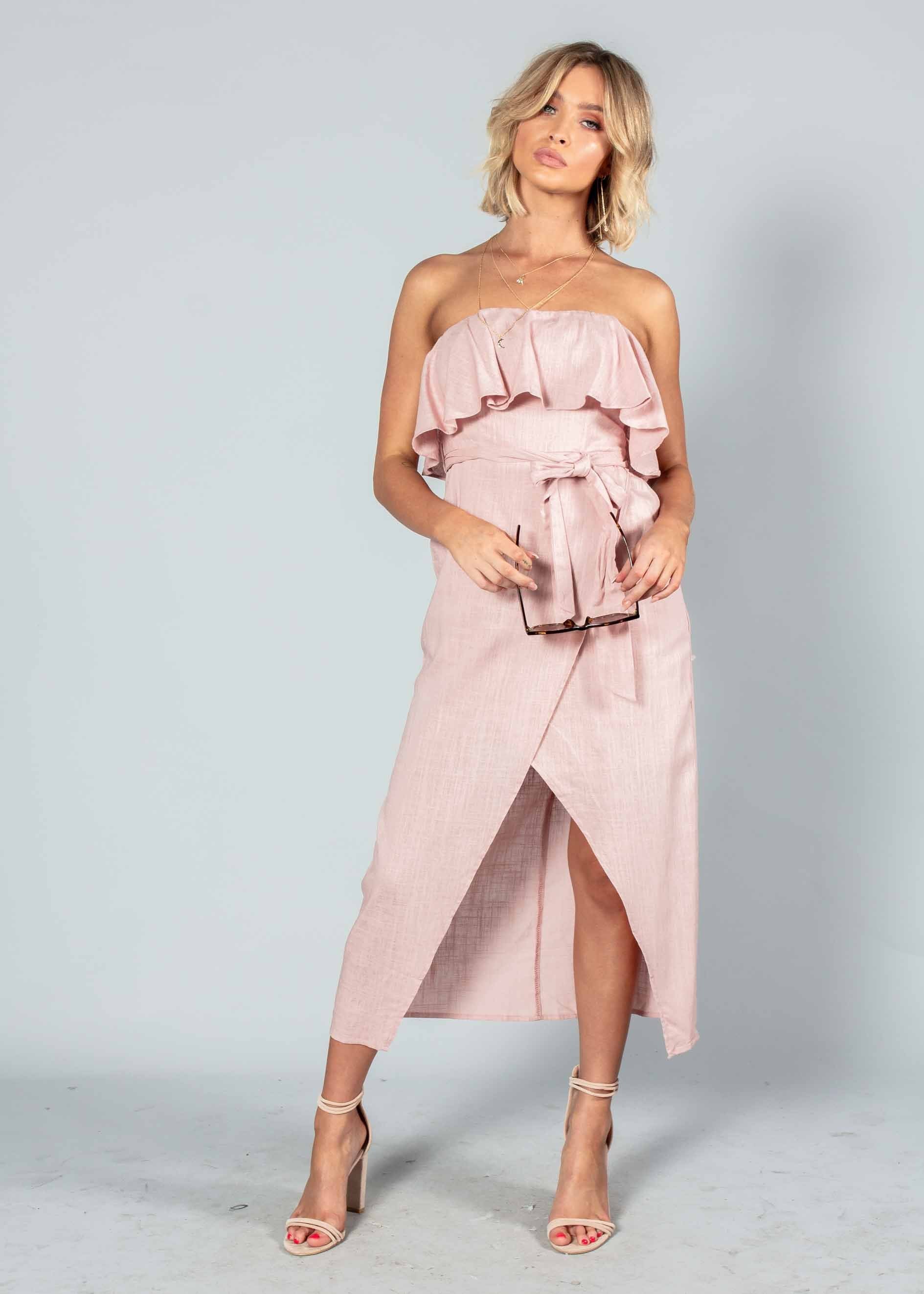 Quinn Strapless Midi Dress w/ Tie - Blush