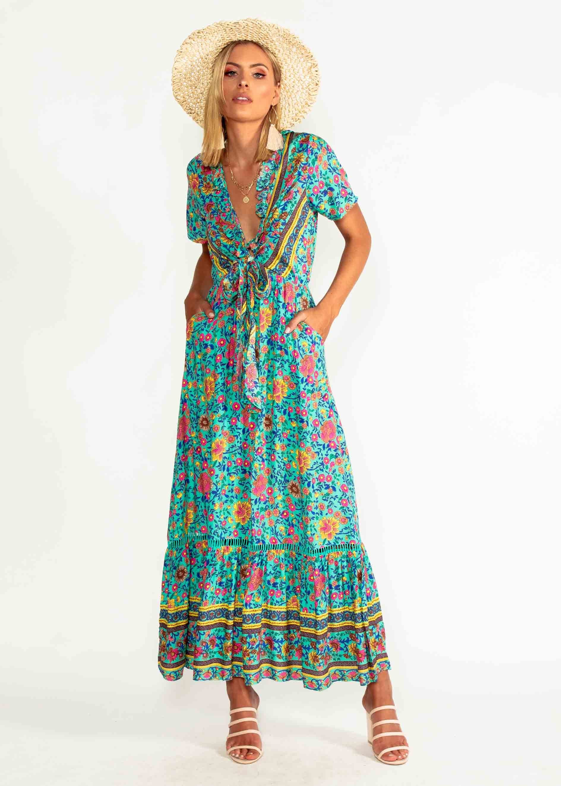 Mabel Tie Maxi Dress - Teal Blossom