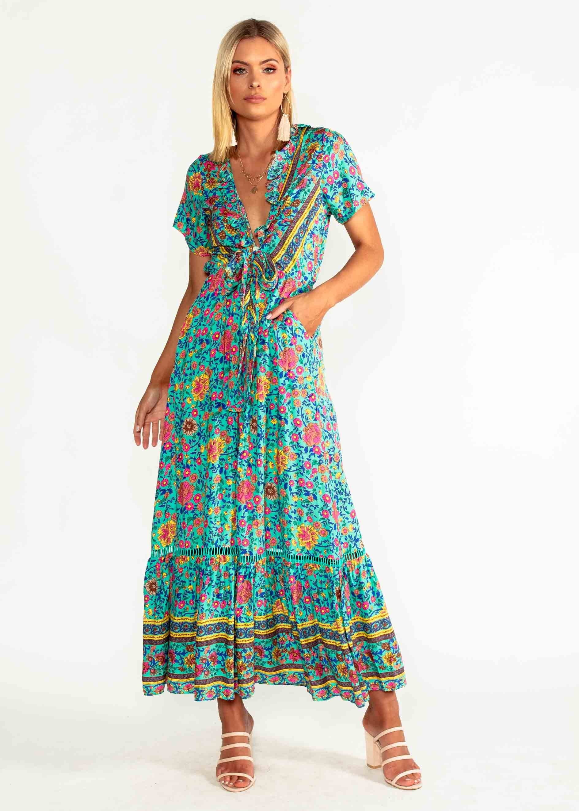 Mabel Tie Maxi Dress - Teal Blossom