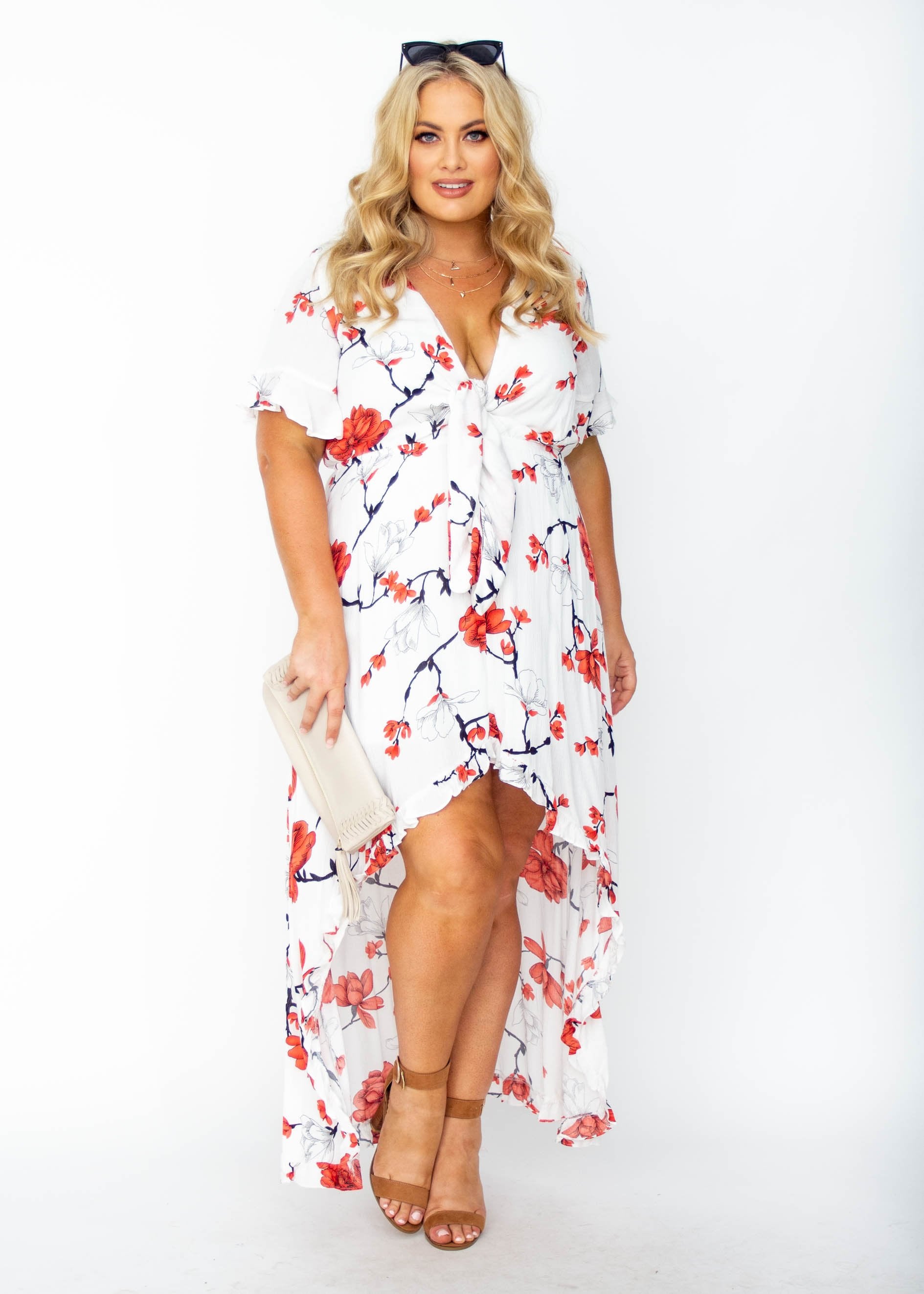 Harmony Tie Hi-Low Midi Dress - White/Red Floral
