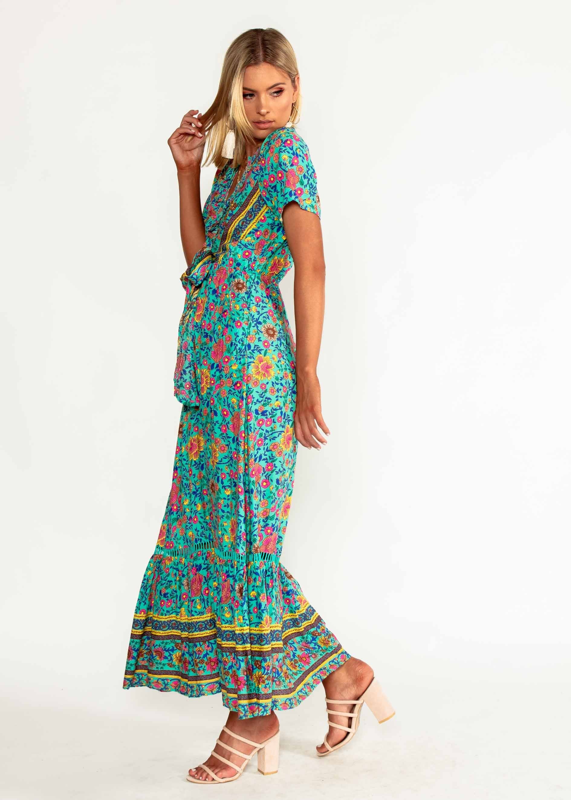 Mabel Tie Maxi Dress - Teal Blossom