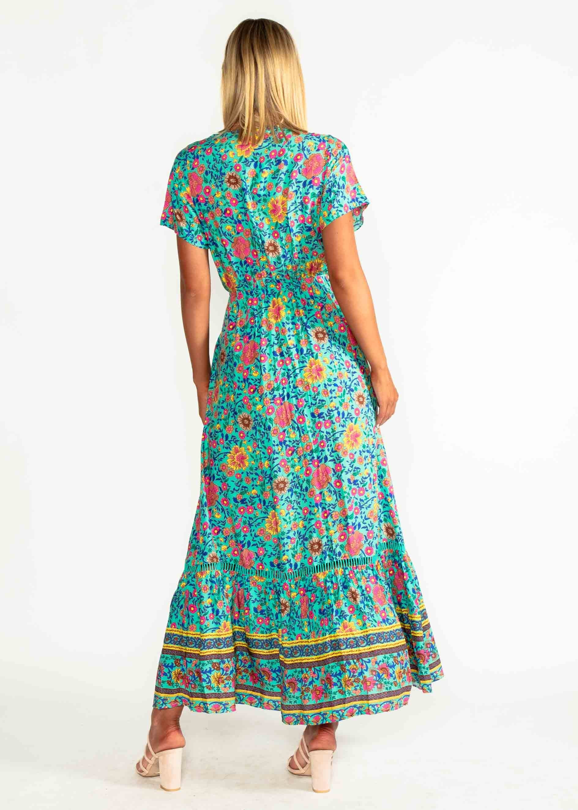 Mabel Tie Maxi Dress - Teal Blossom