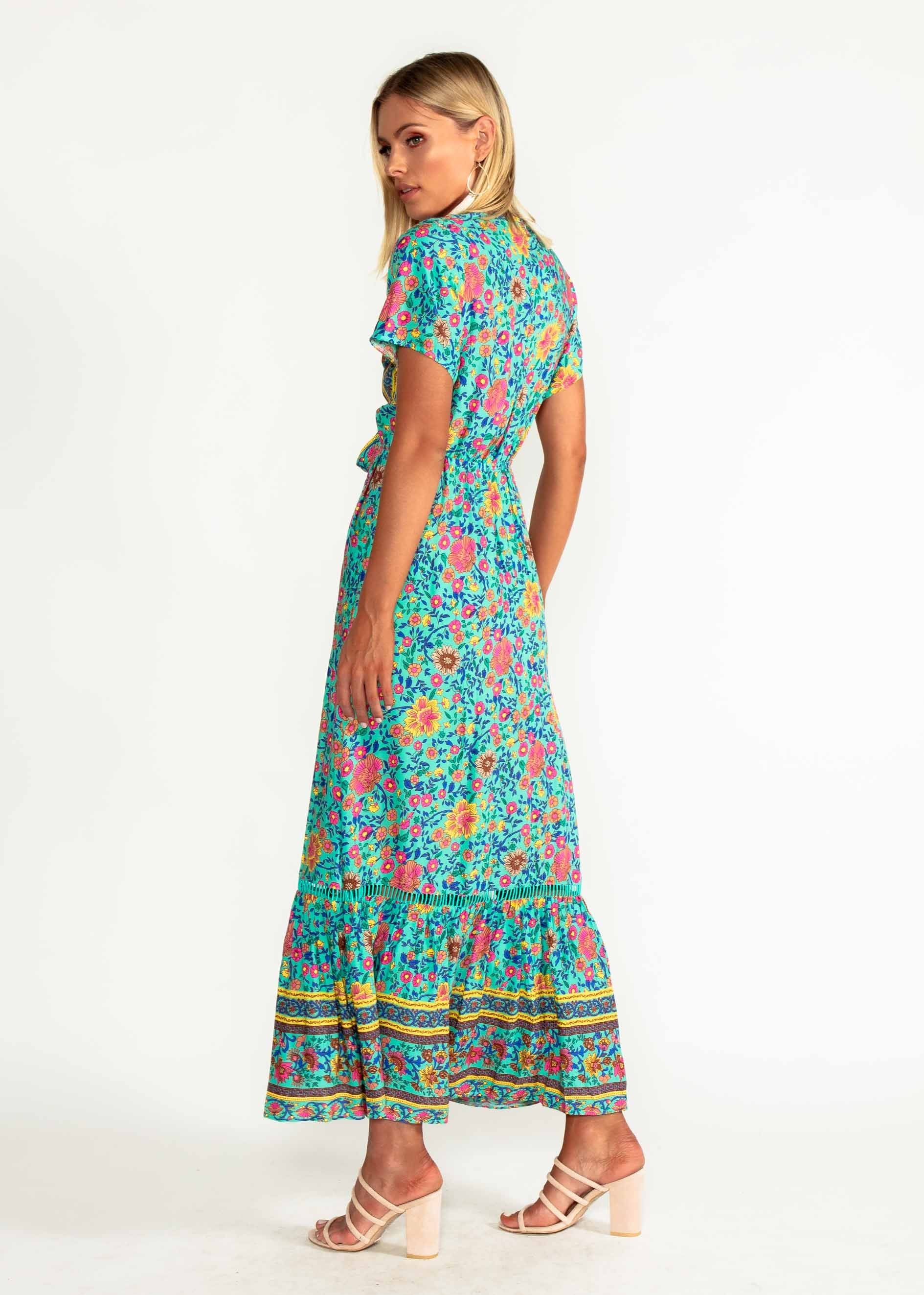 Mabel Tie Maxi Dress - Teal Blossom