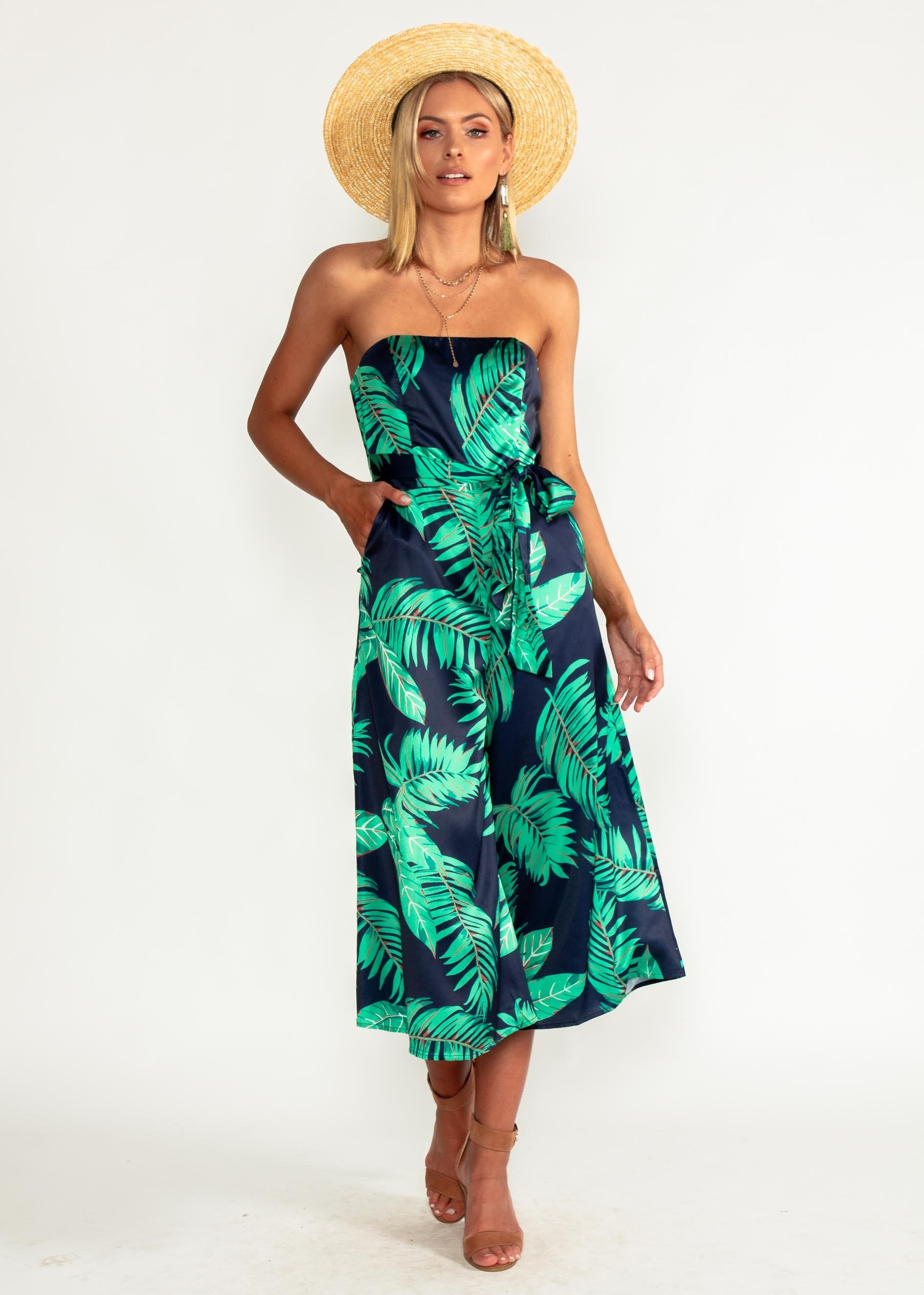 Kaia Strapless Pantsuit - Navy Tropics