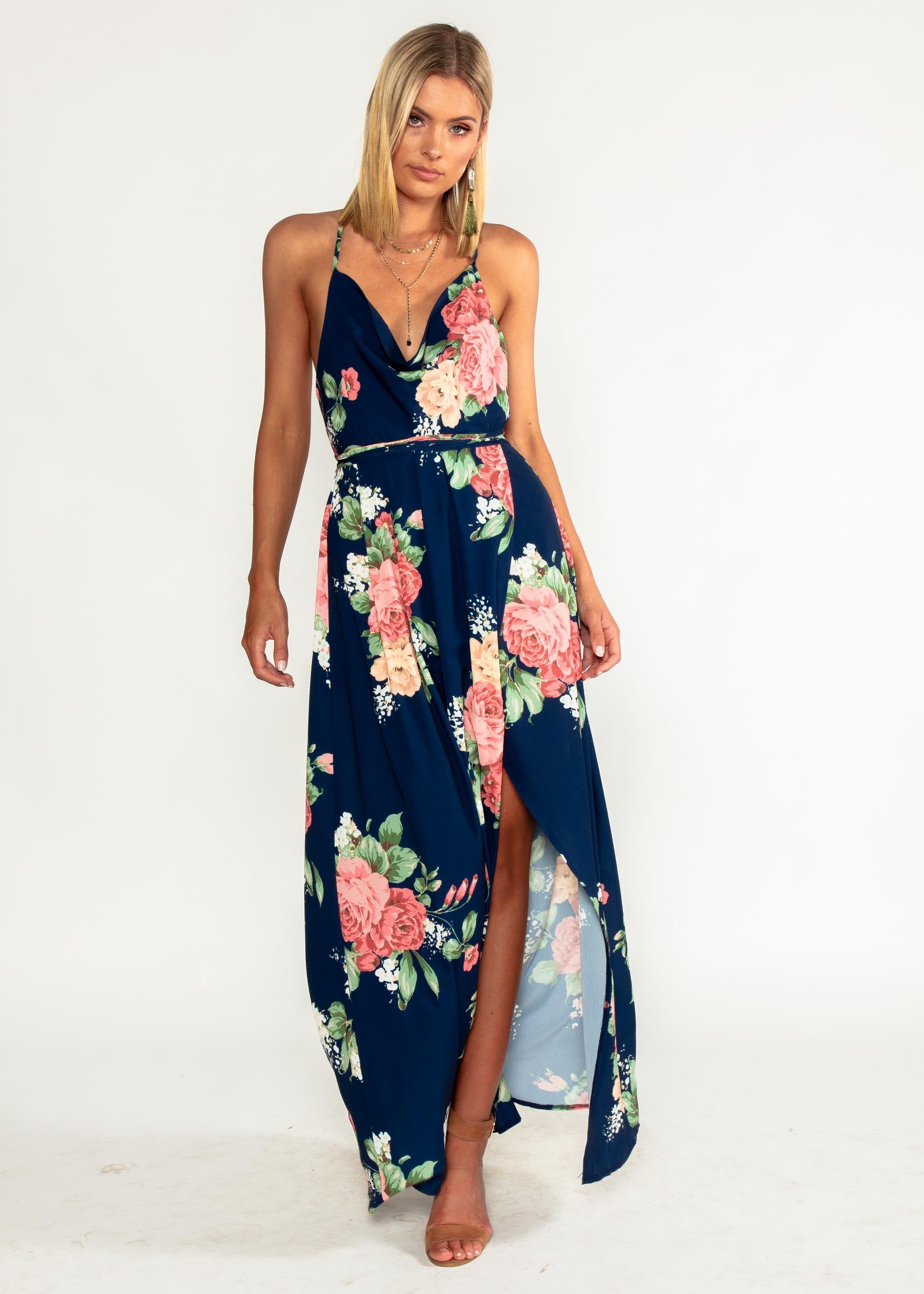Sienna Halter Maxi Dress - Navy Floral