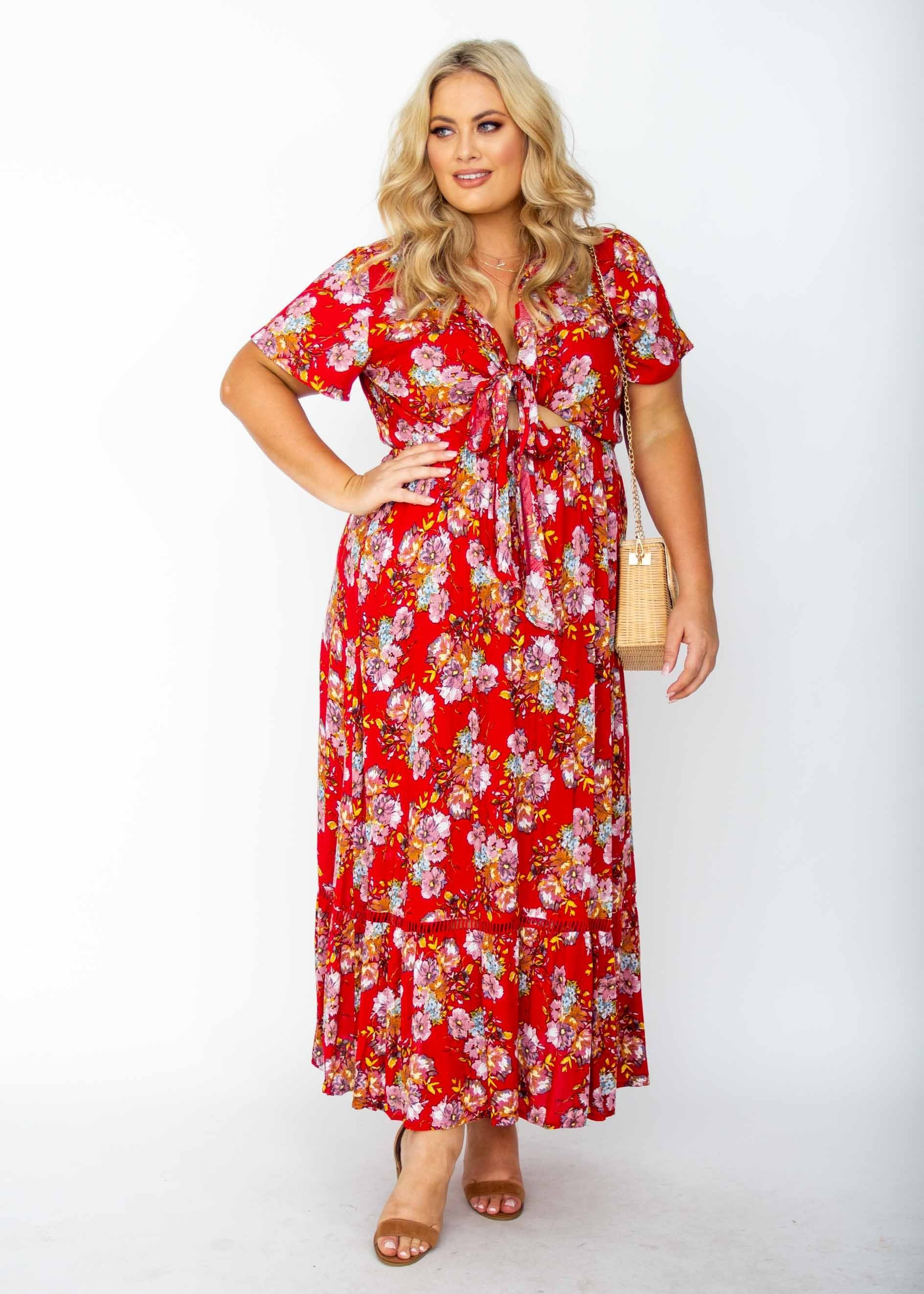 Mabel Tie Maxi Dress - Red Floral