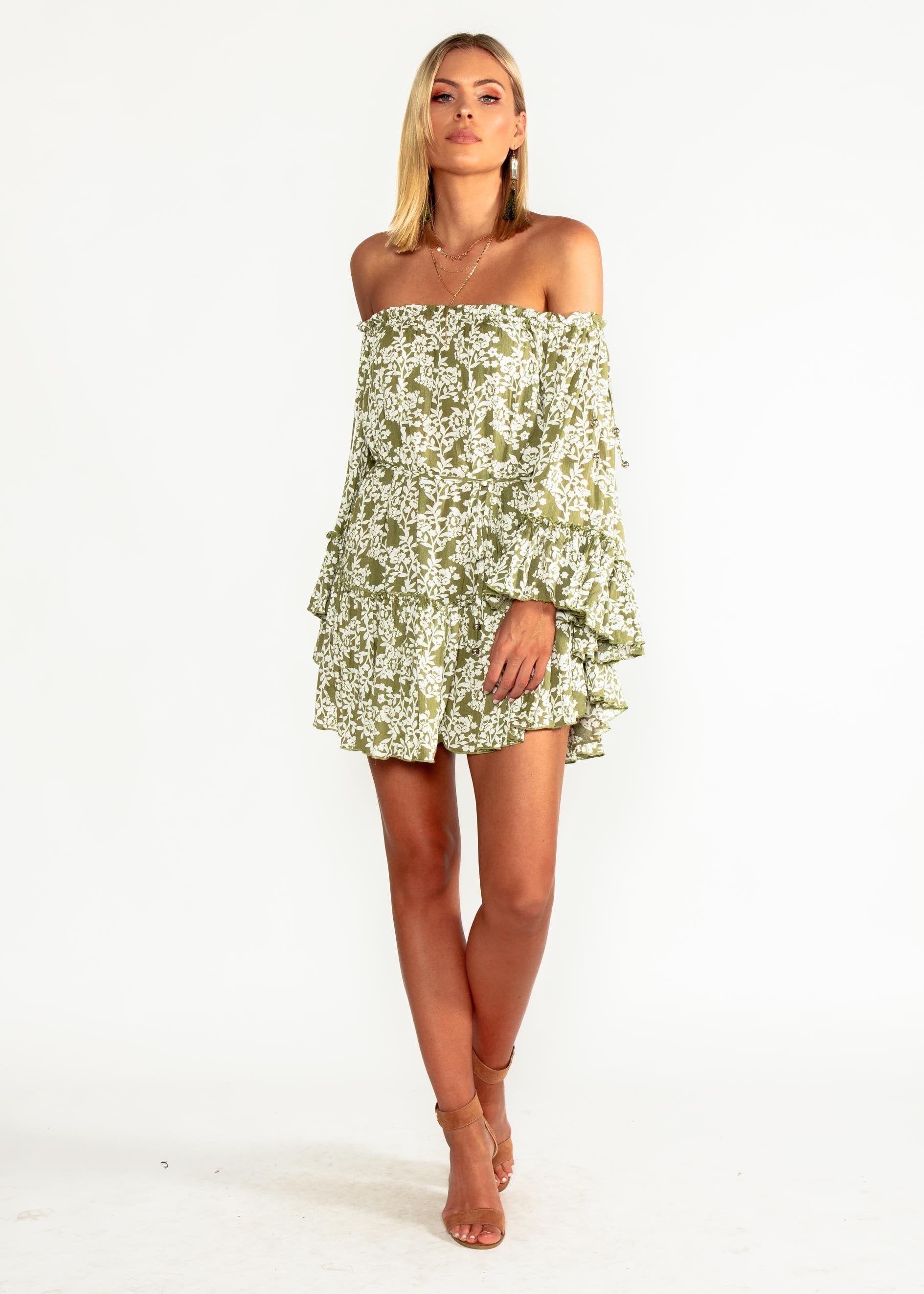 Gracie Off Shoulder Dress - Khaki Floral
