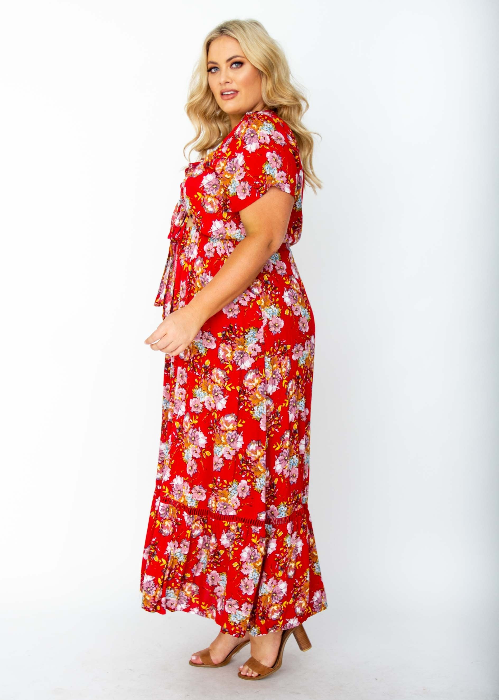 Mabel Tie Maxi Dress - Red Floral