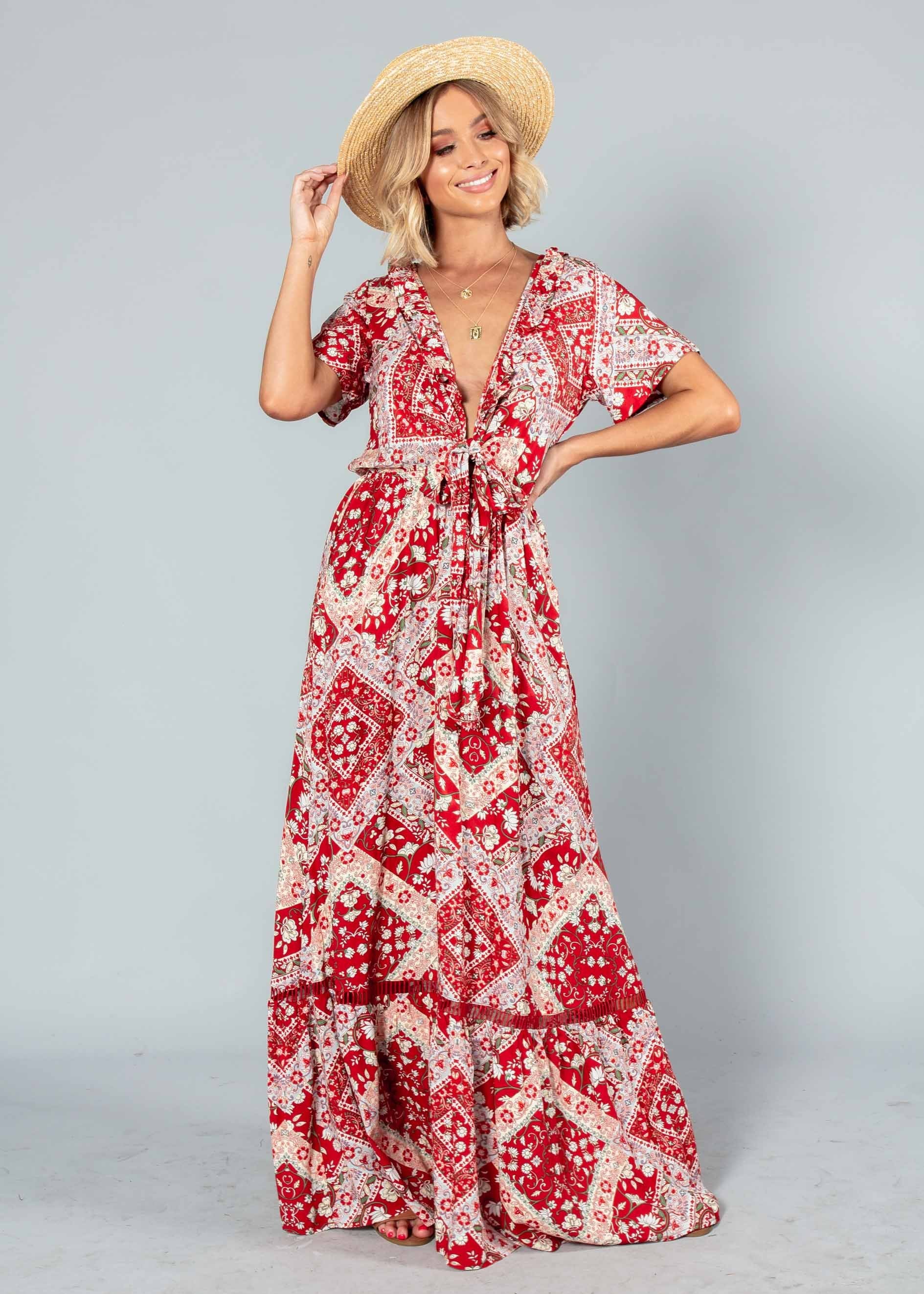 Mabel Tie Maxi Dress - Red Paisley