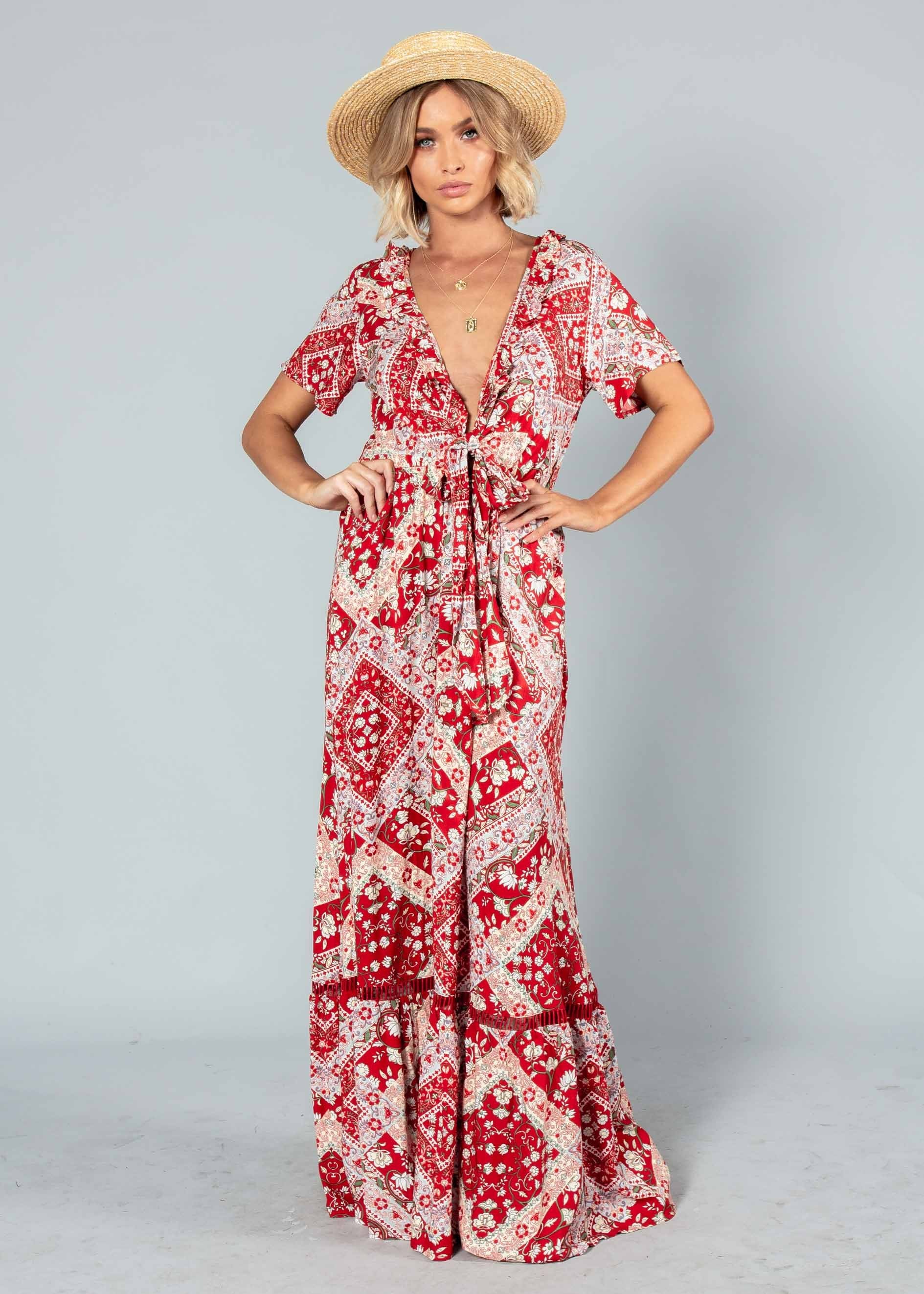 Mabel Tie Maxi Dress - Red Paisley