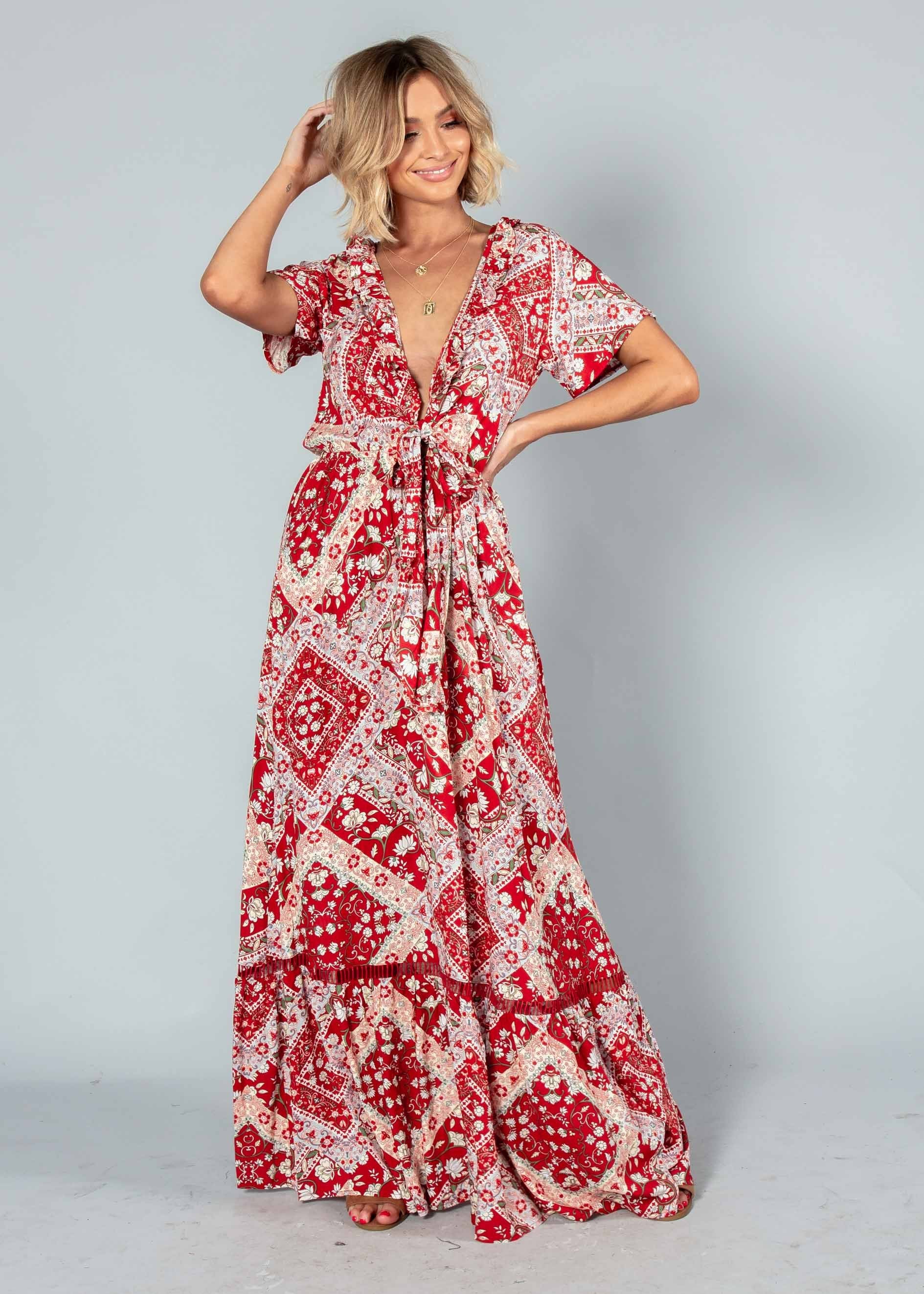 Mabel Tie Maxi Dress - Red Paisley