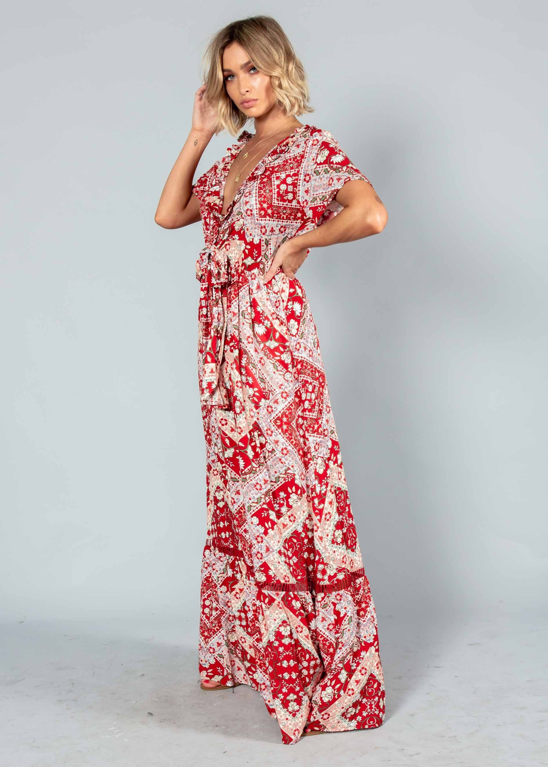 Mabel Tie Maxi Dress - Red Paisley