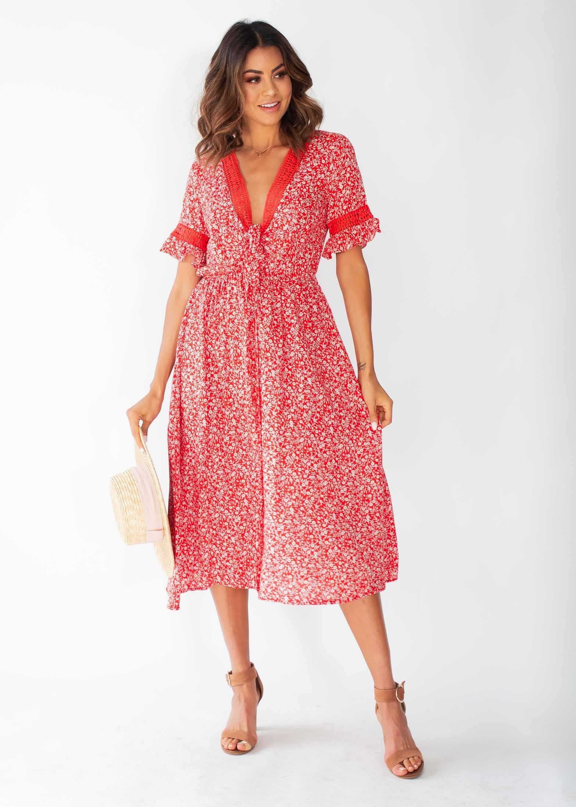 Lovers Kiss Tie Midi Dress - Red Floral