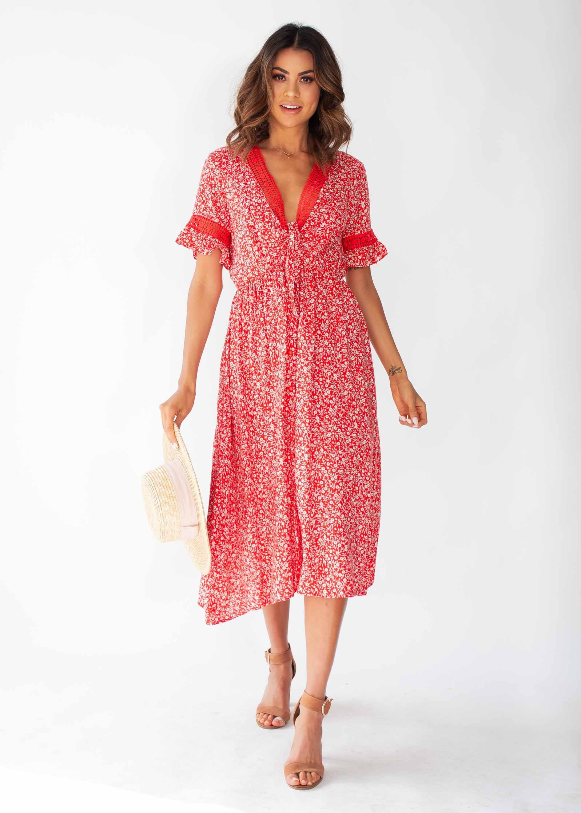 Lovers Kiss Tie Midi Dress - Red Floral