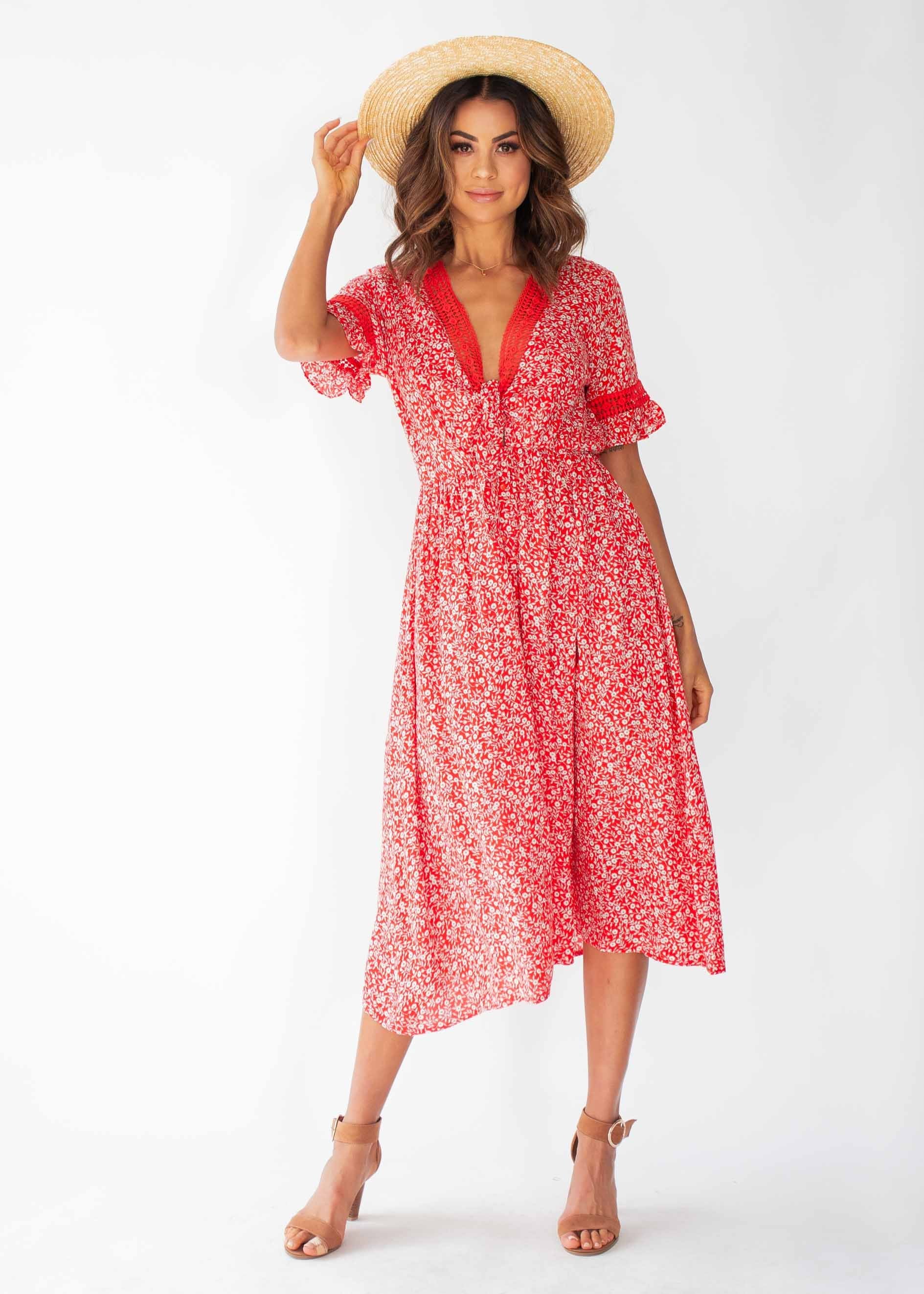 Lovers Kiss Tie Midi Dress - Red Floral