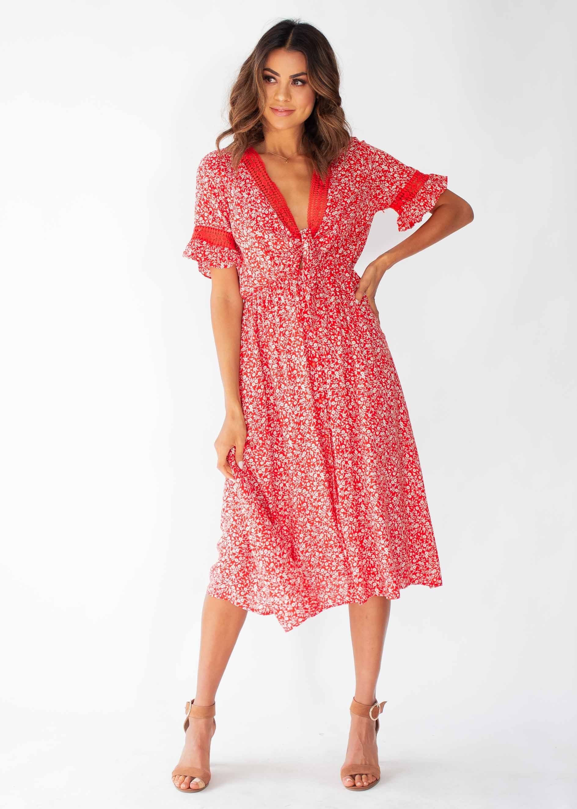 Lovers Kiss Tie Midi Dress - Red Floral