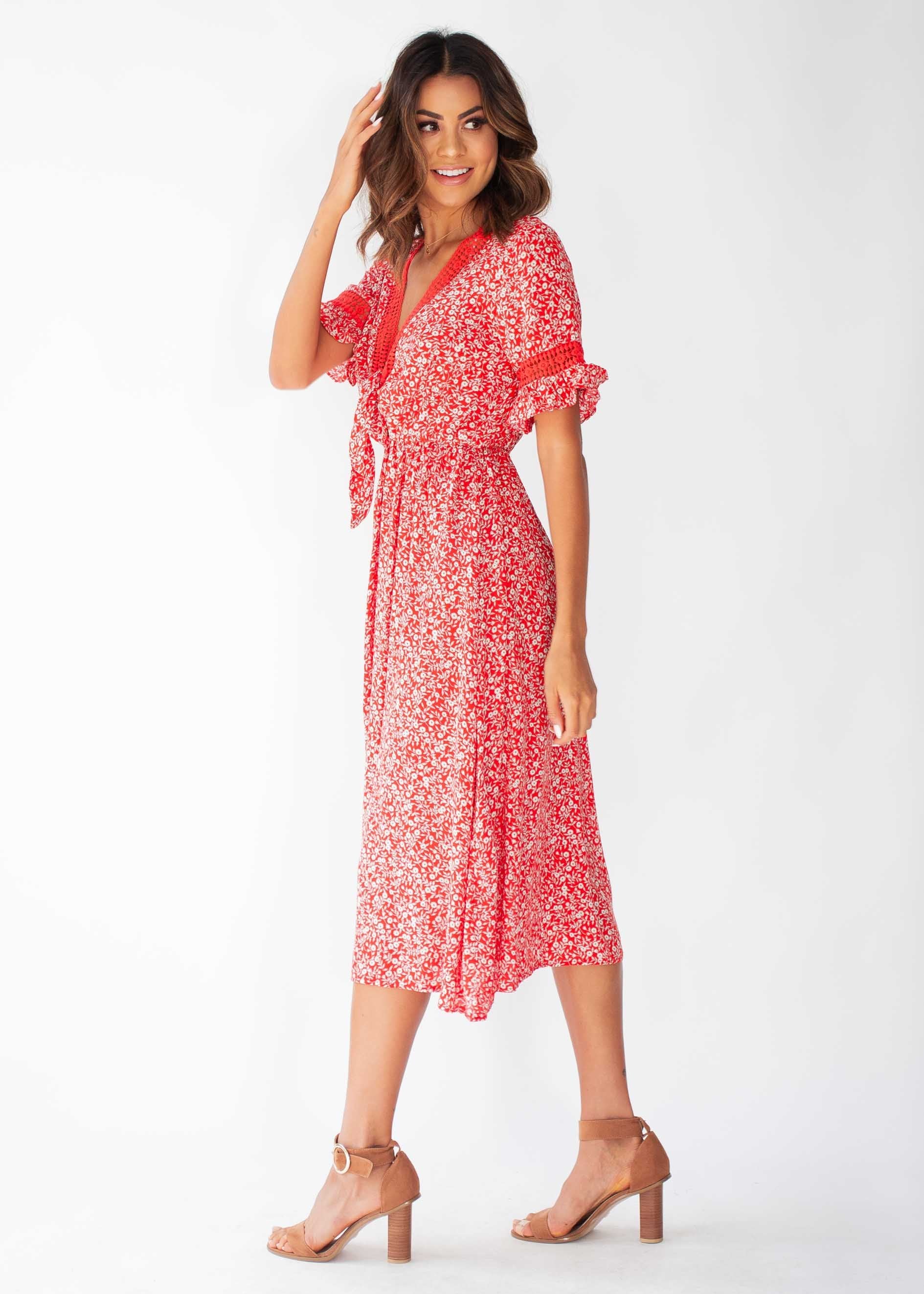 Lovers Kiss Tie Midi Dress - Red Floral