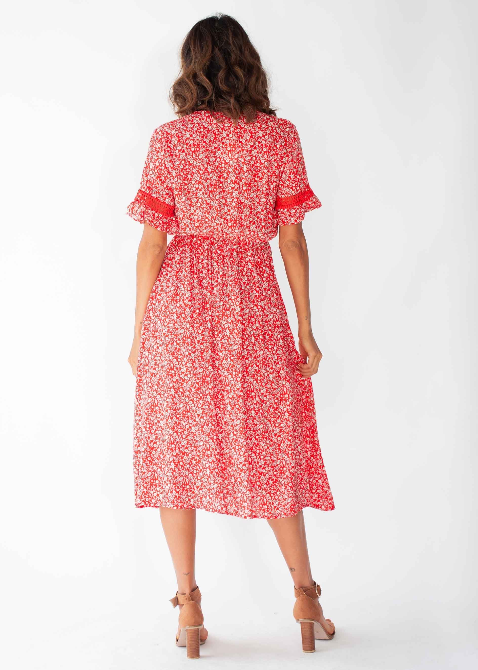 Lovers Kiss Tie Midi Dress - Red Floral