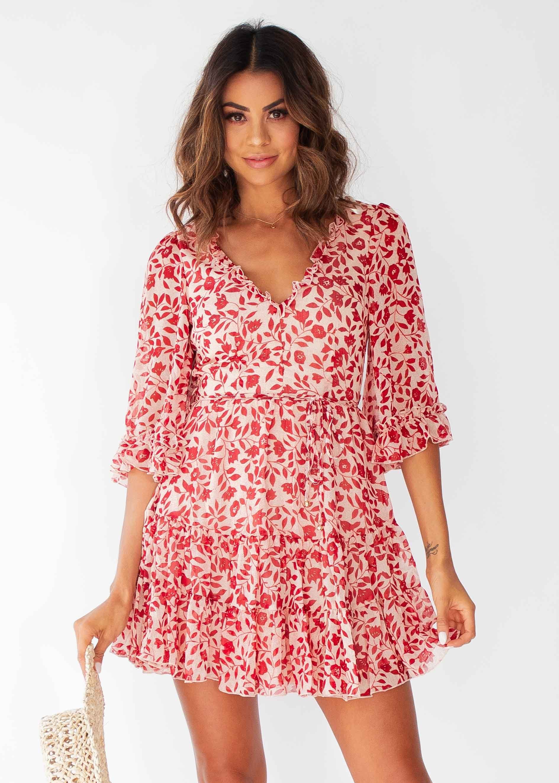 Xena Dress w/ Tie - Red Floral