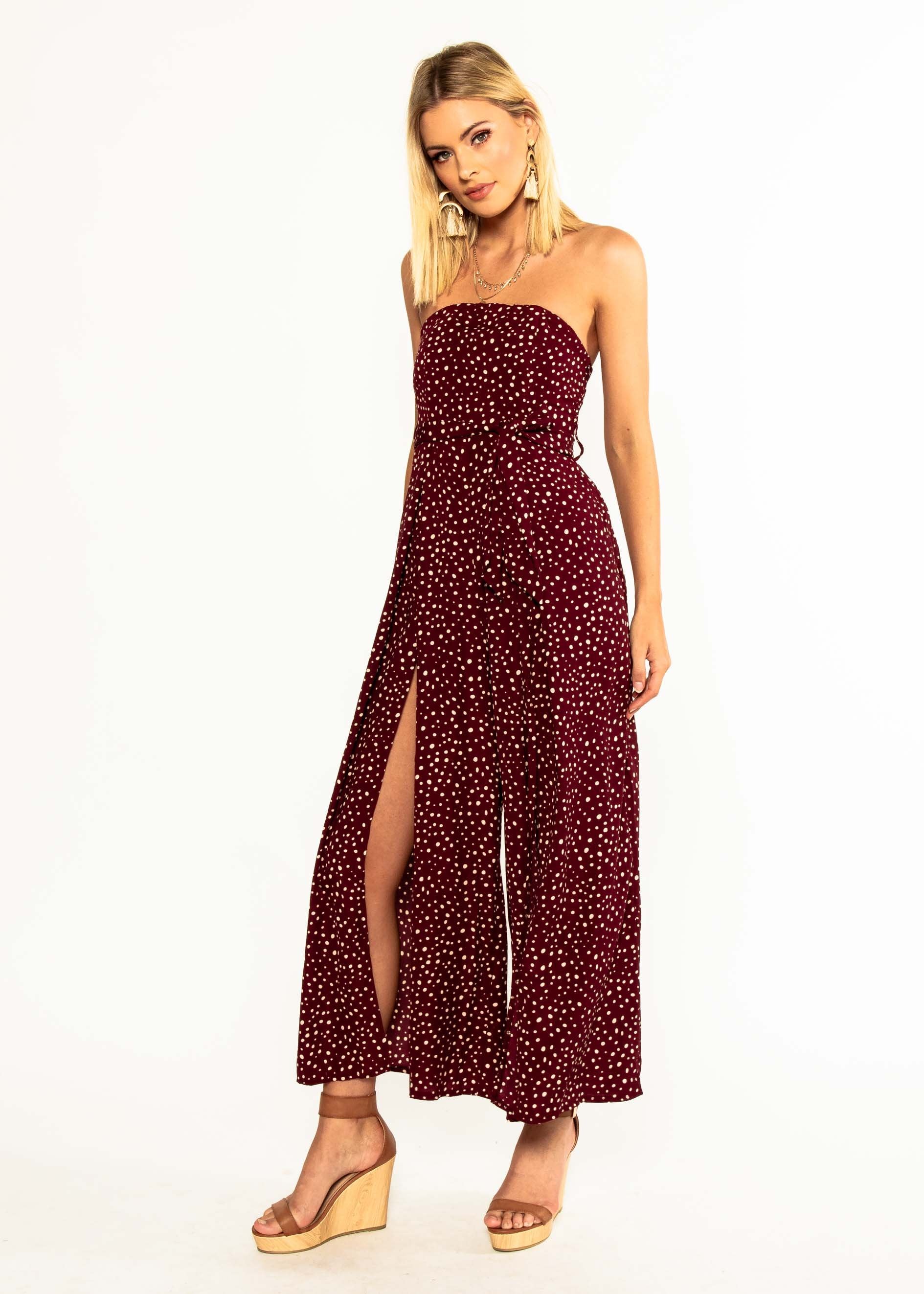 Guilt Free Strapless Pantsuit - Wine Polka