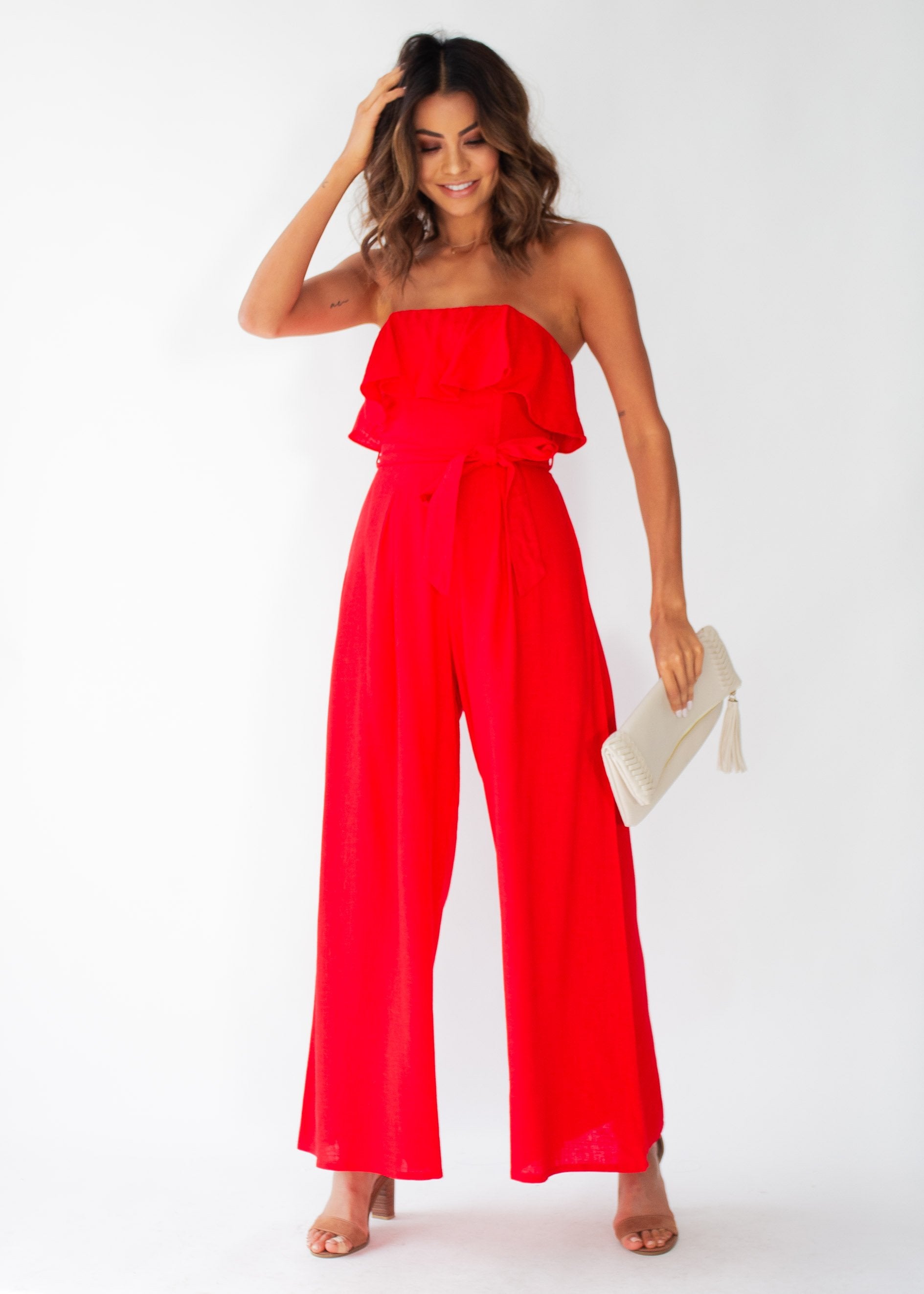 Joslyn Strapless Pantsuit w/ Tie - Red
