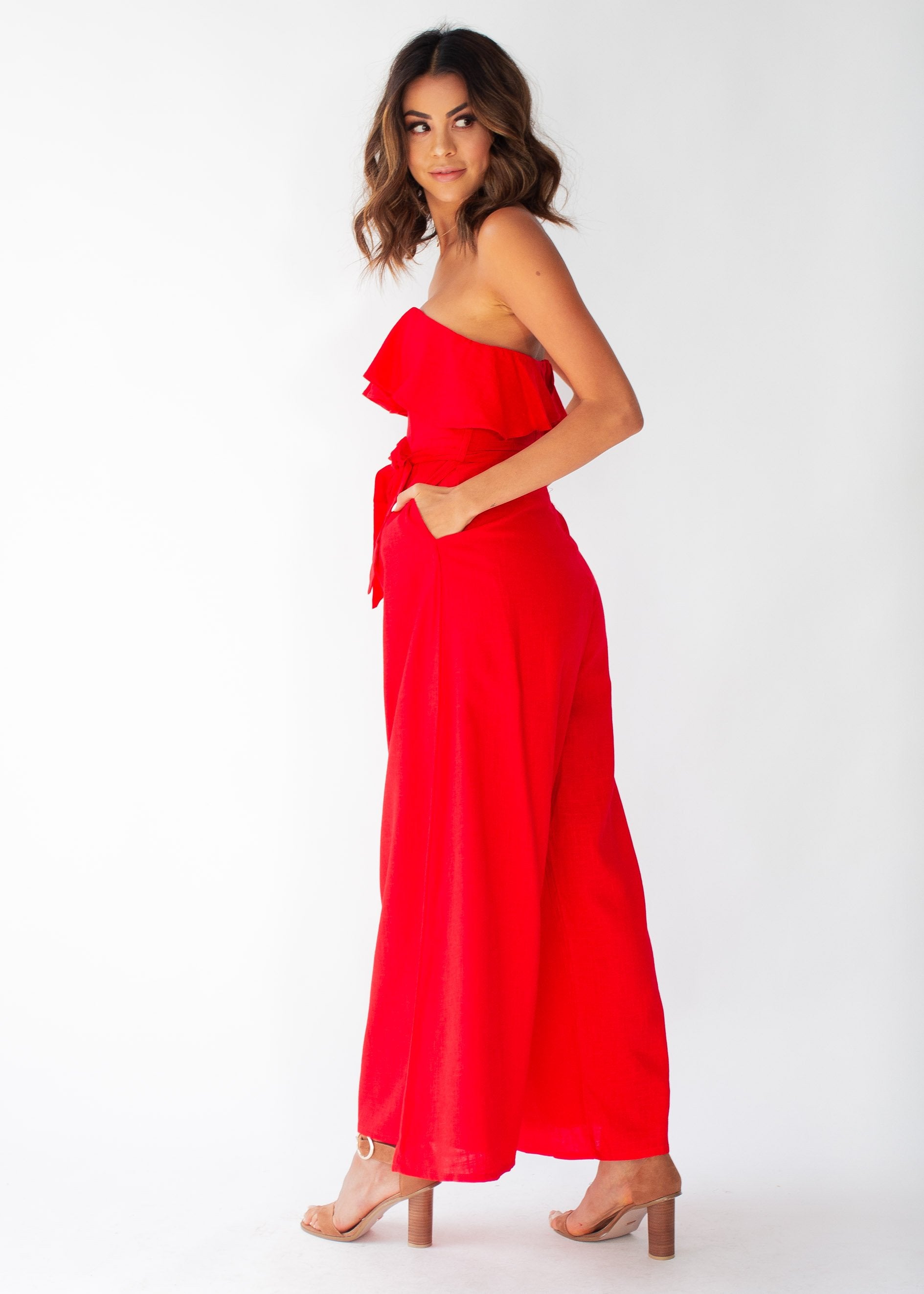 Joslyn Strapless Pantsuit w/ Tie - Red