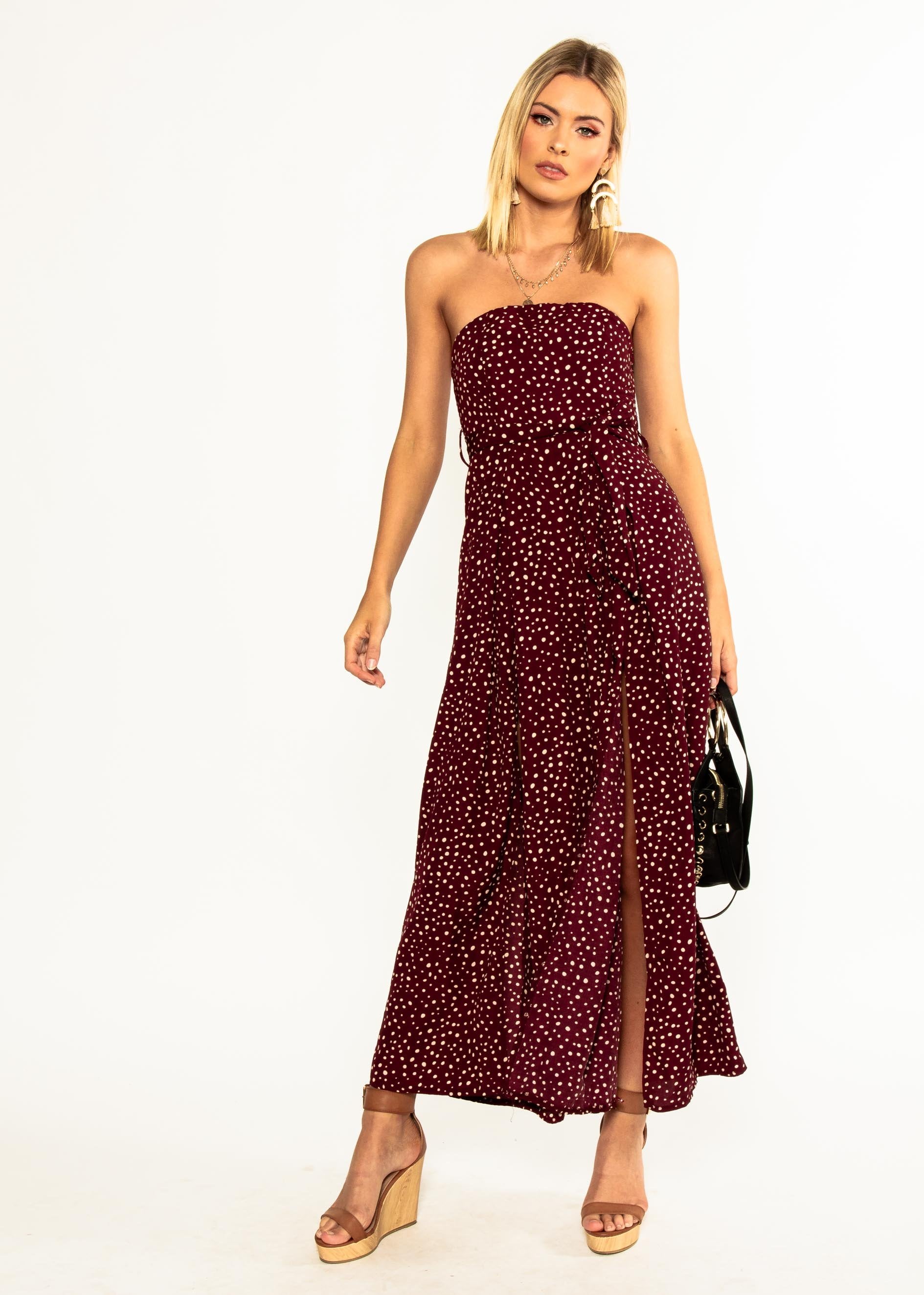Guilt Free Strapless Pantsuit - Wine Polka
