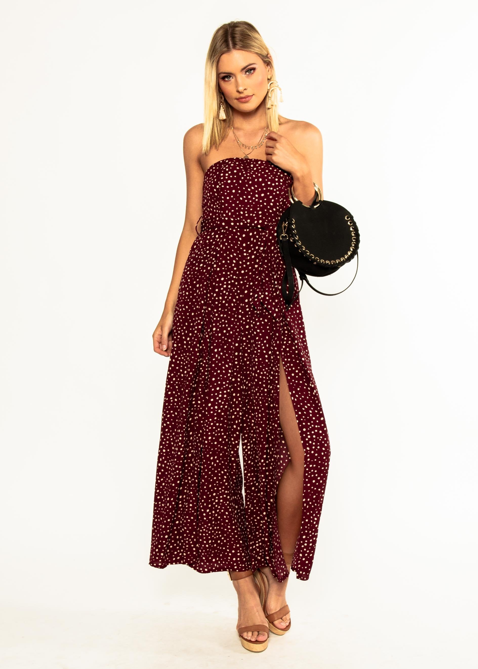 Guilt Free Strapless Pantsuit - Wine Polka