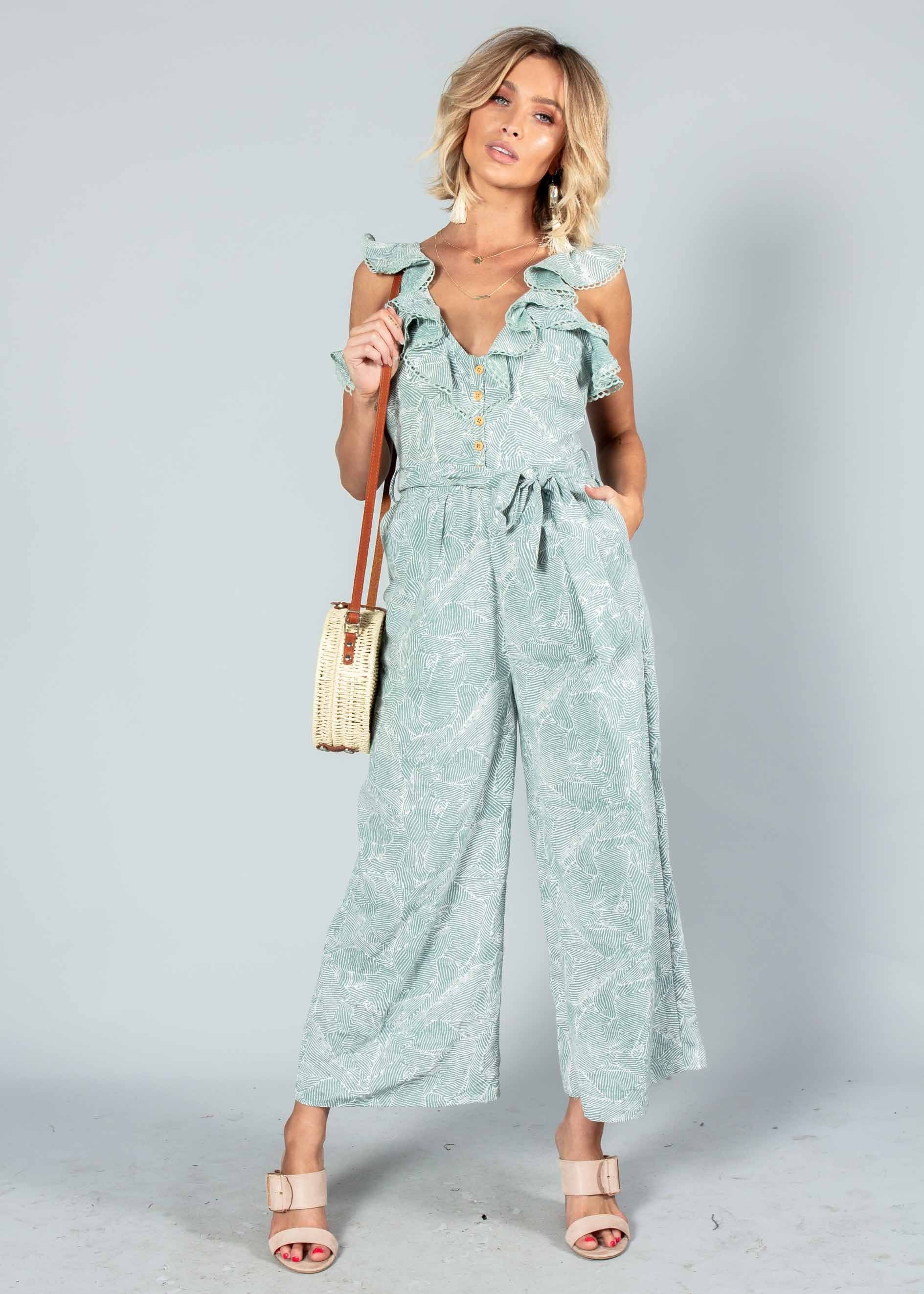 Slow Burn Pantsuit w/ Tie - Sage Haze