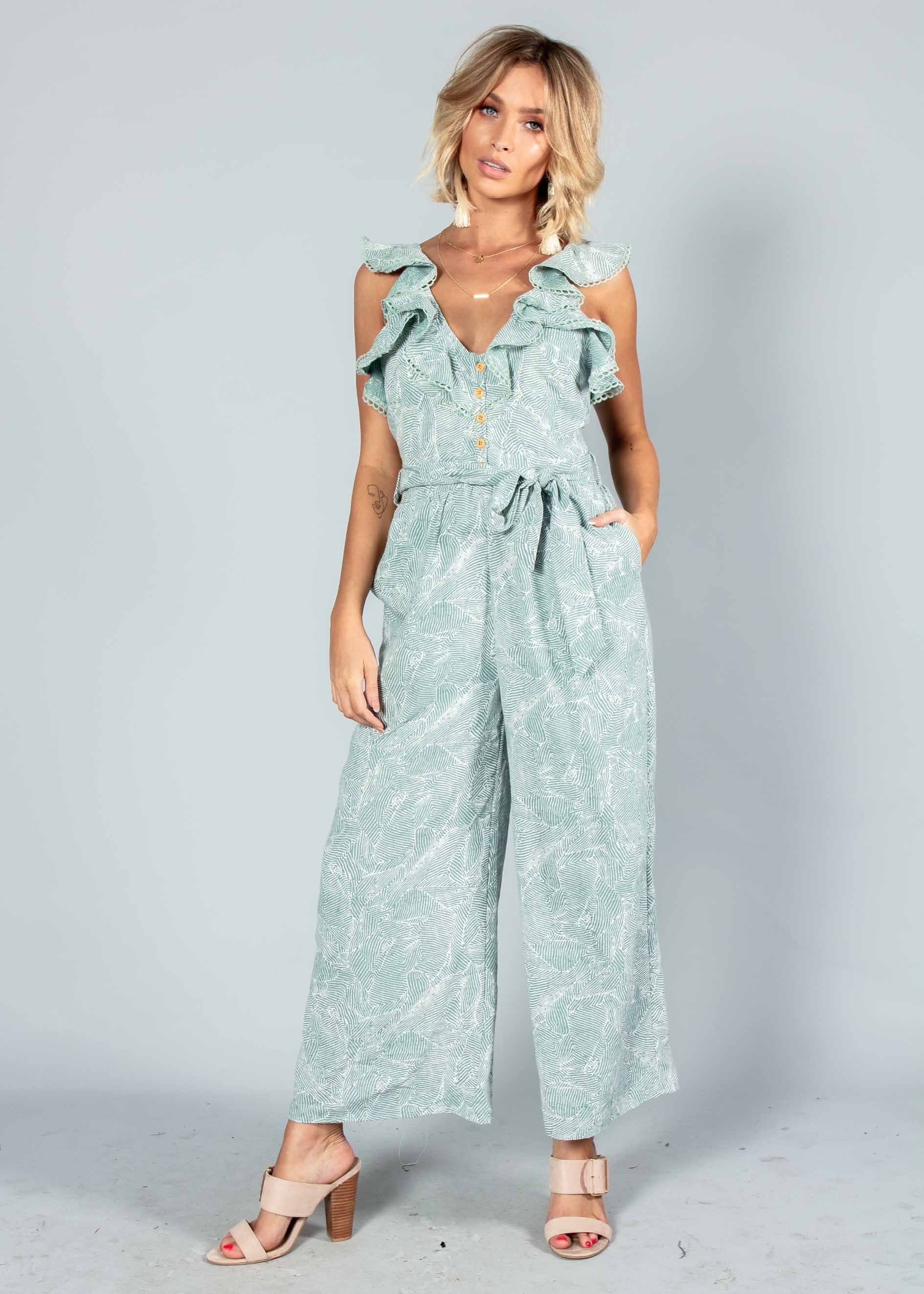 Slow Burn Pantsuit w/ Tie - Sage Haze