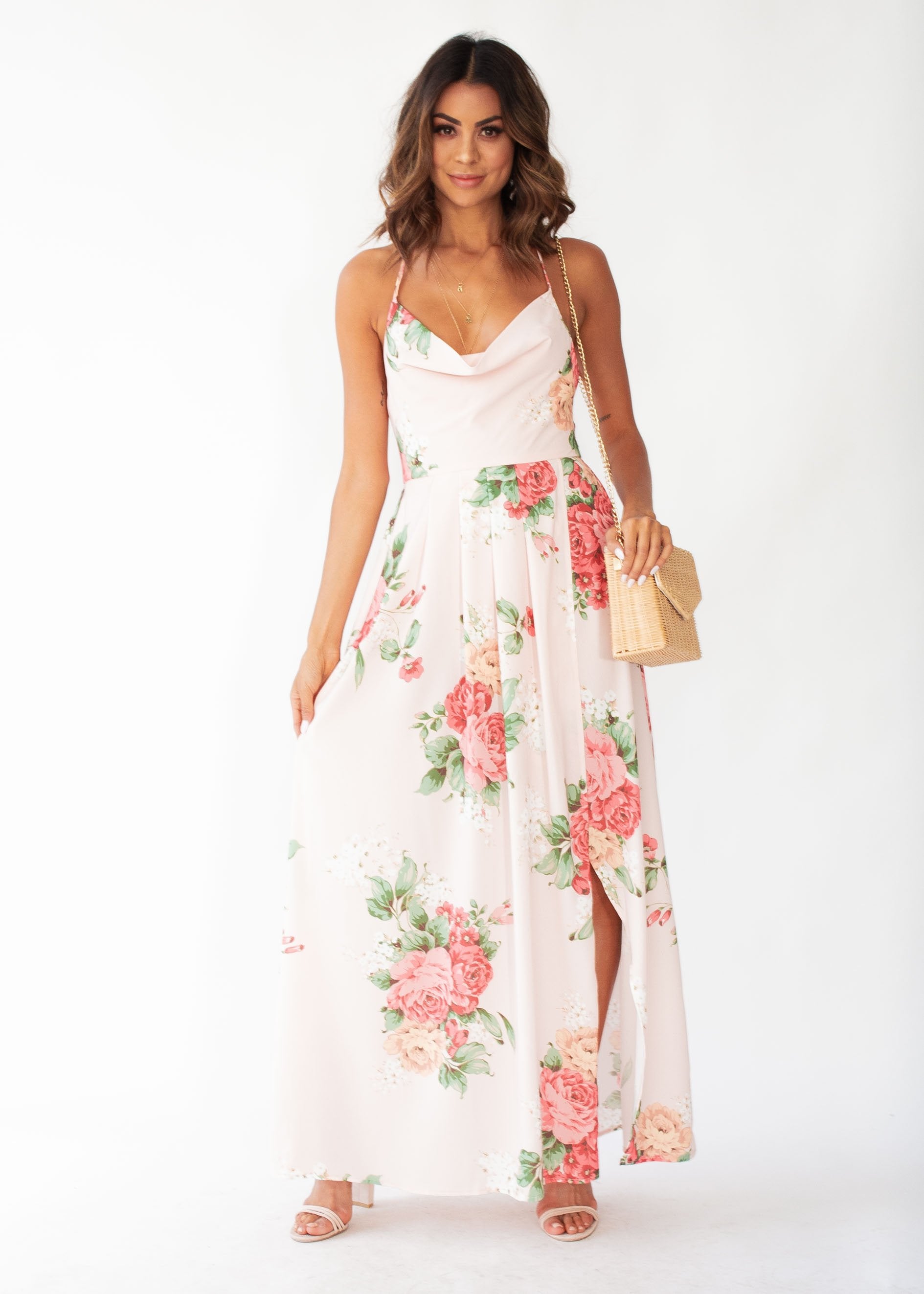 Sienna Halter Maxi Dress - Peach Floral