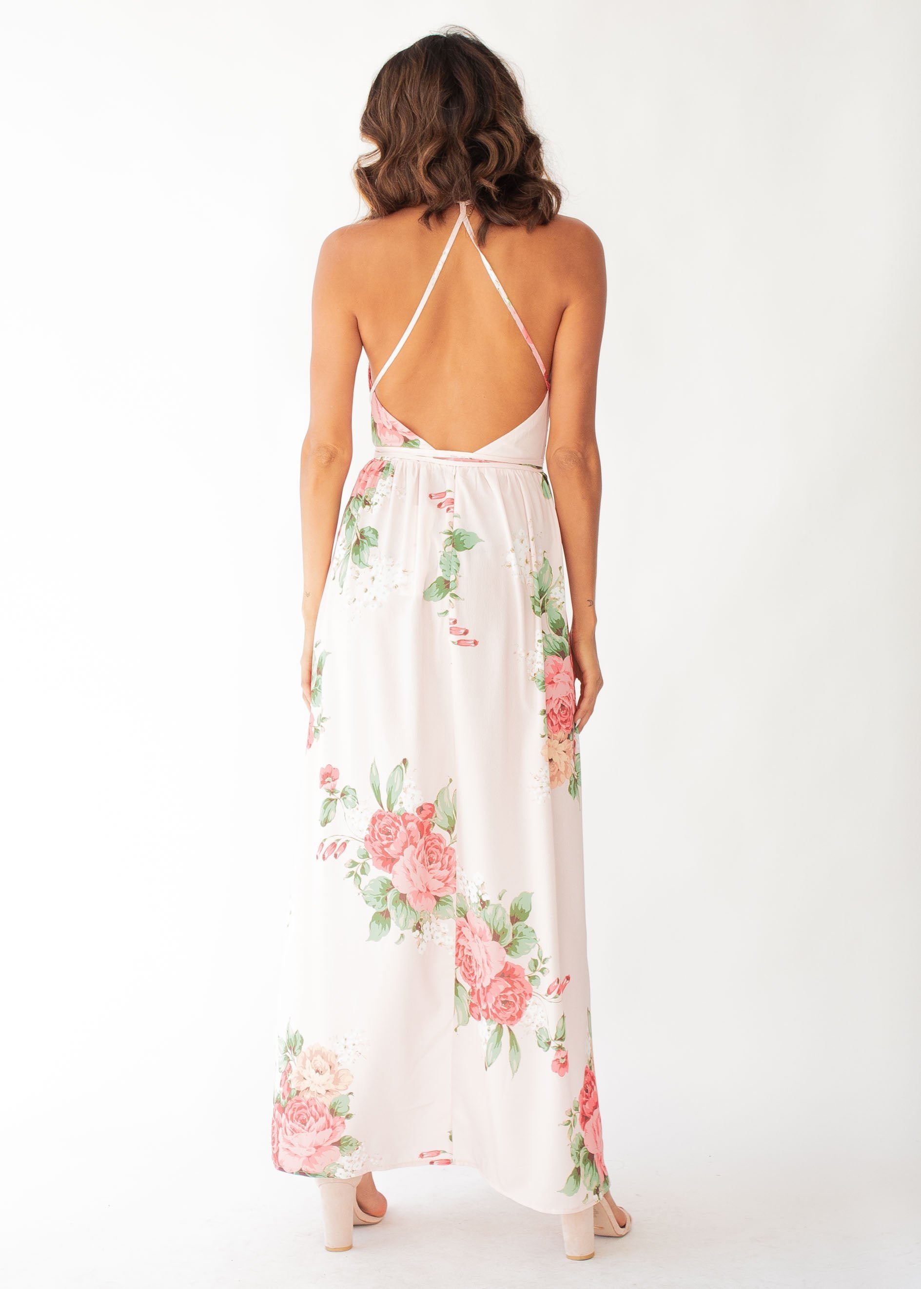 Sienna Halter Maxi Dress - Peach Floral