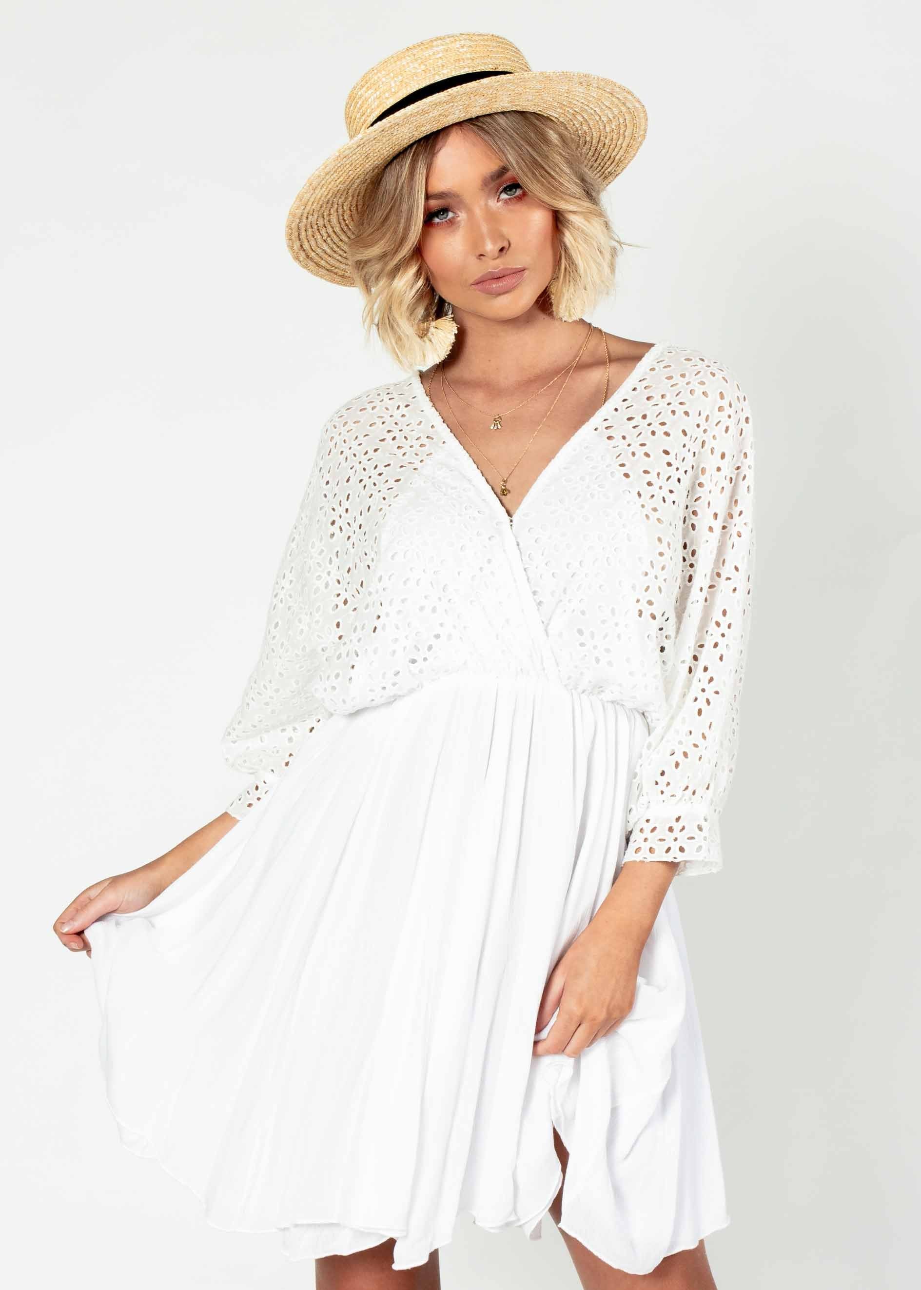 Liana Embroidered Swing Dress w/ Tie - White