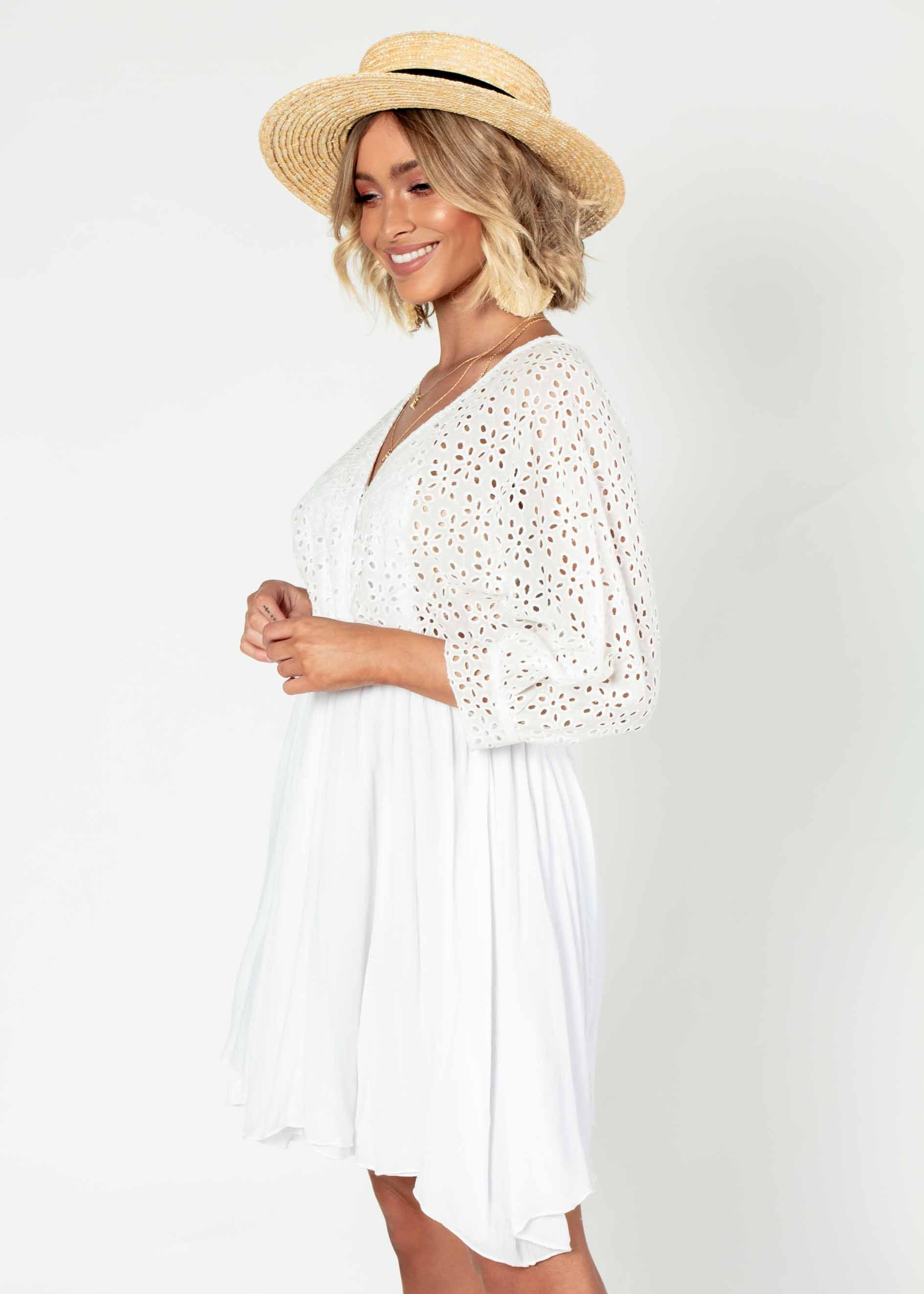 Liana Embroidered Swing Dress w/ Tie - White