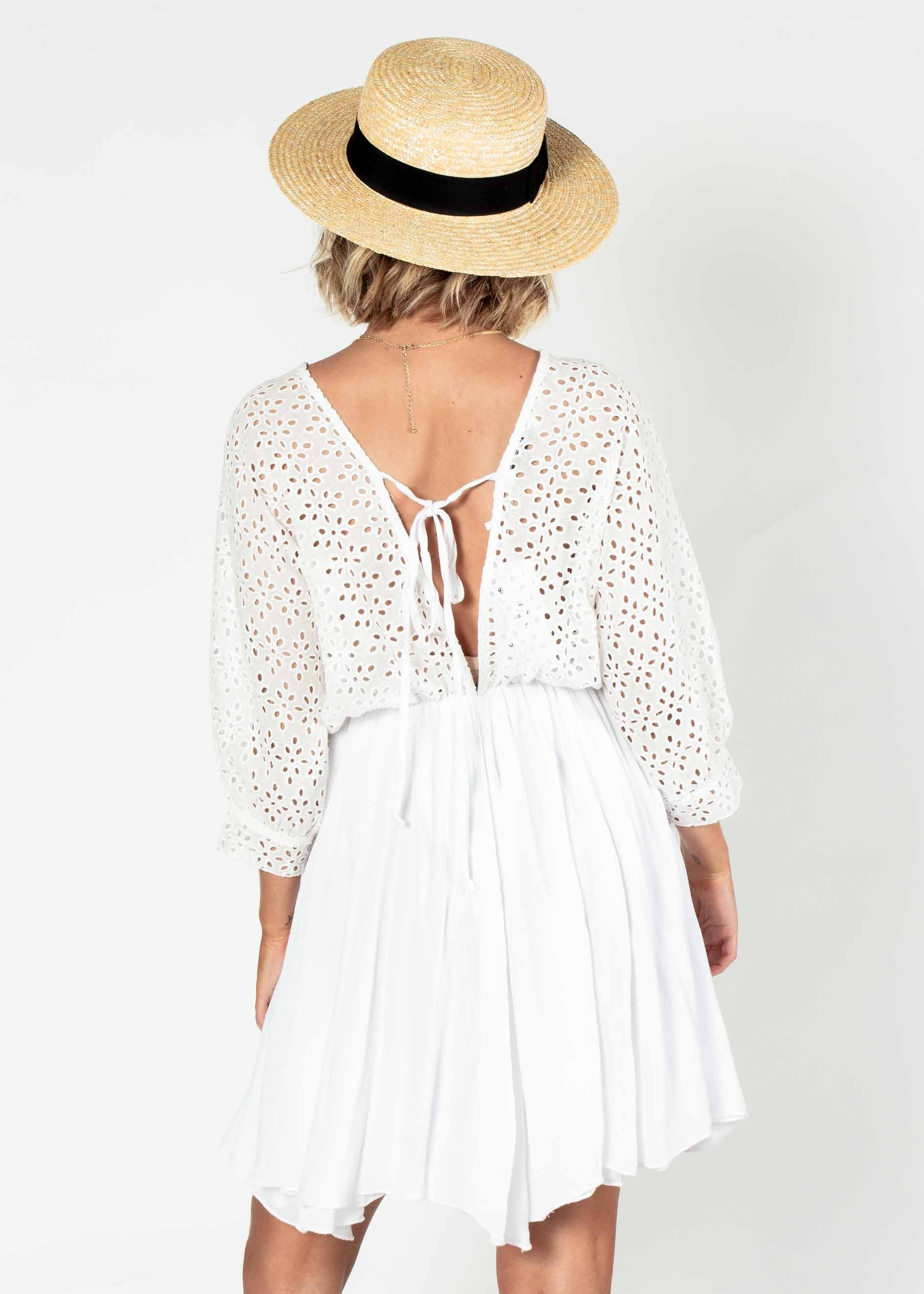 Liana Embroidered Swing Dress w/ Tie - White