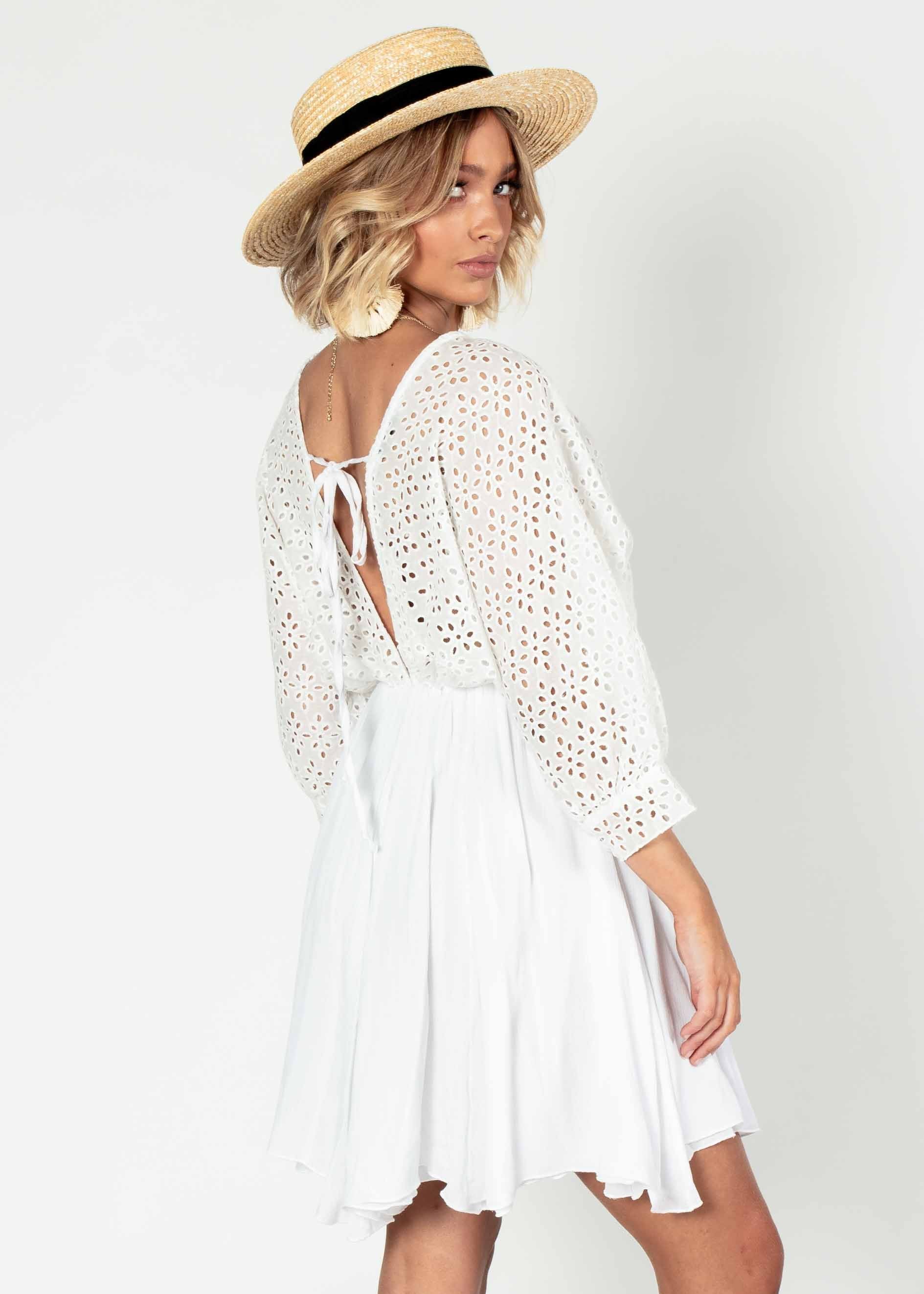 Liana Embroidered Swing Dress w/ Tie - White