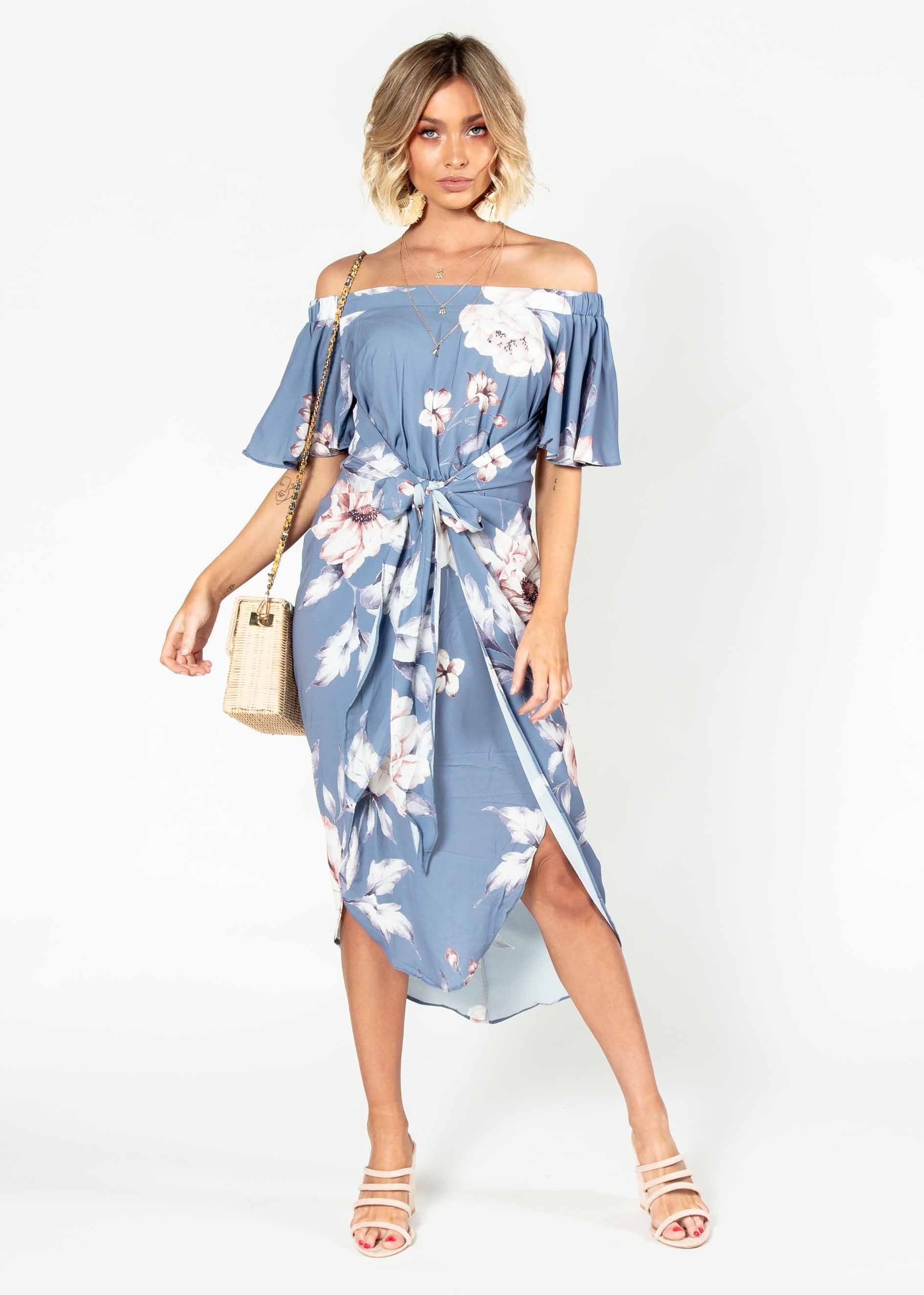 Candid Moment Off Shoulder Midi Dress - Blue Floral