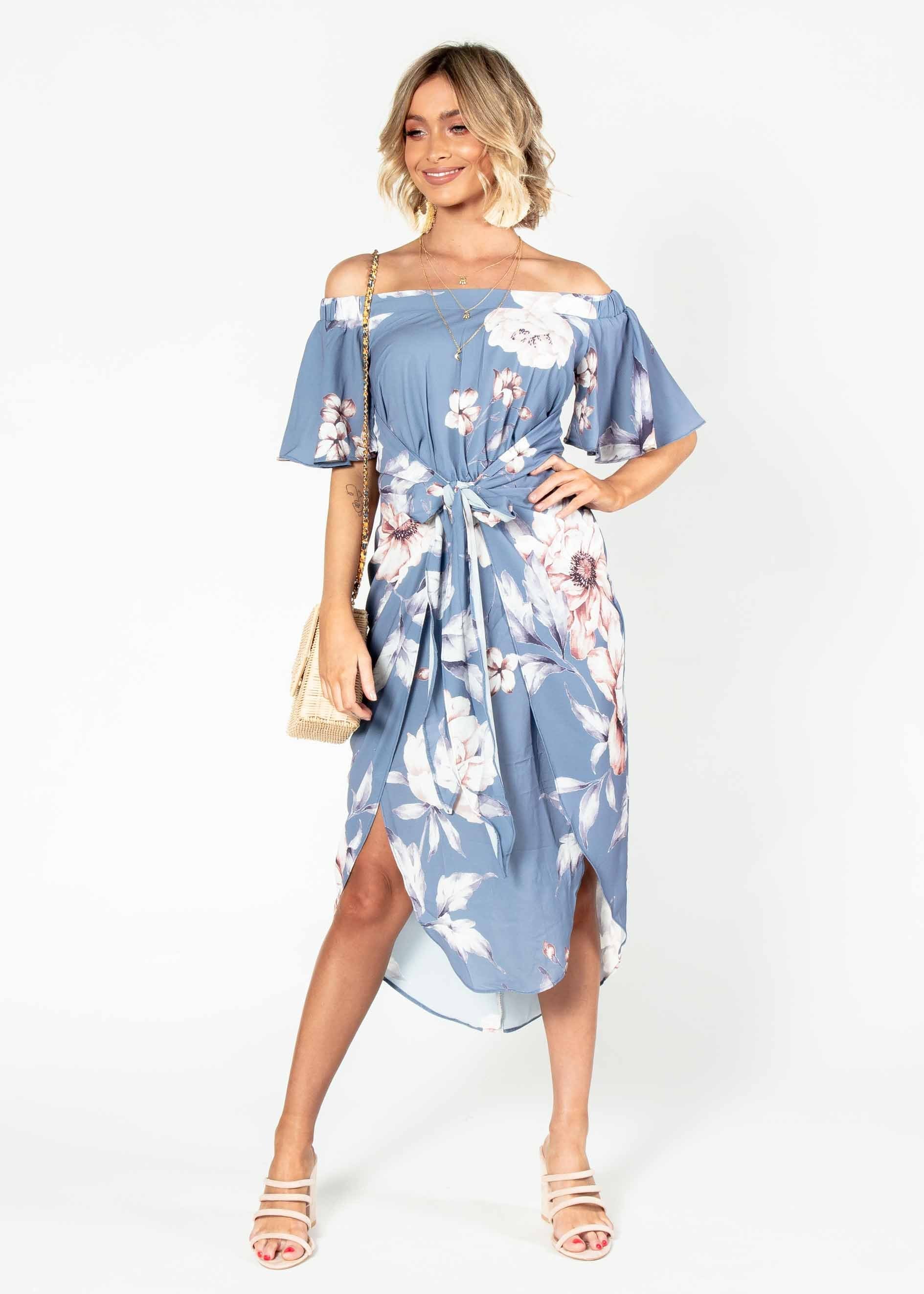 Candid Moment Off Shoulder Midi Dress - Blue Floral