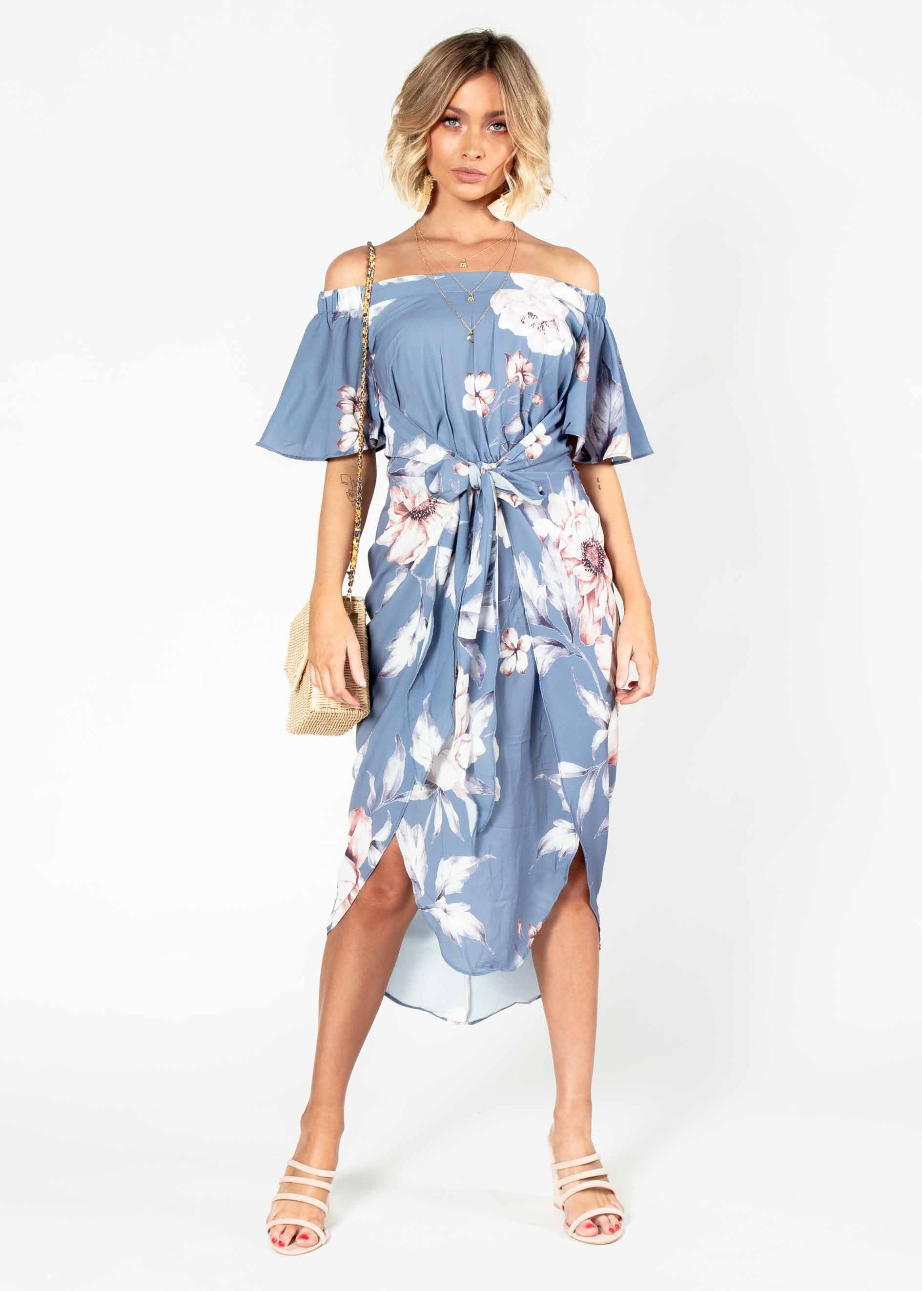Candid Moment Off Shoulder Midi Dress - Blue Floral
