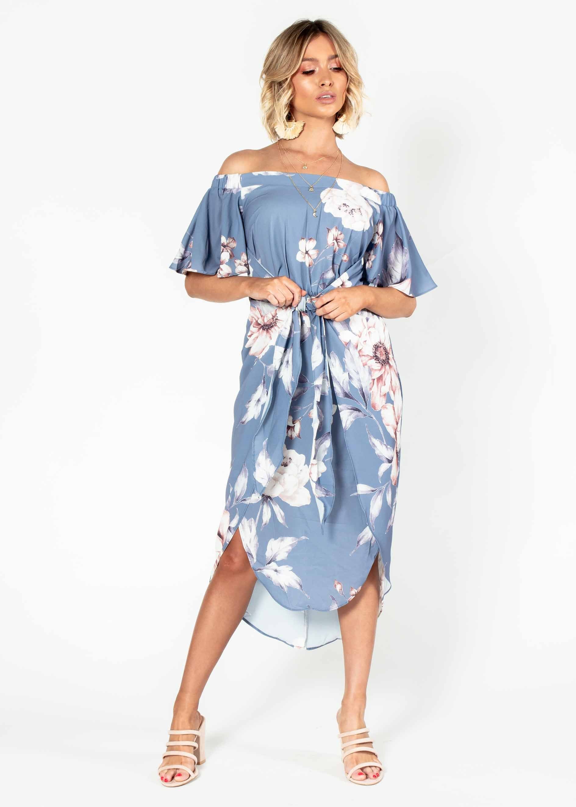 Candid Moment Off Shoulder Midi Dress - Blue Floral