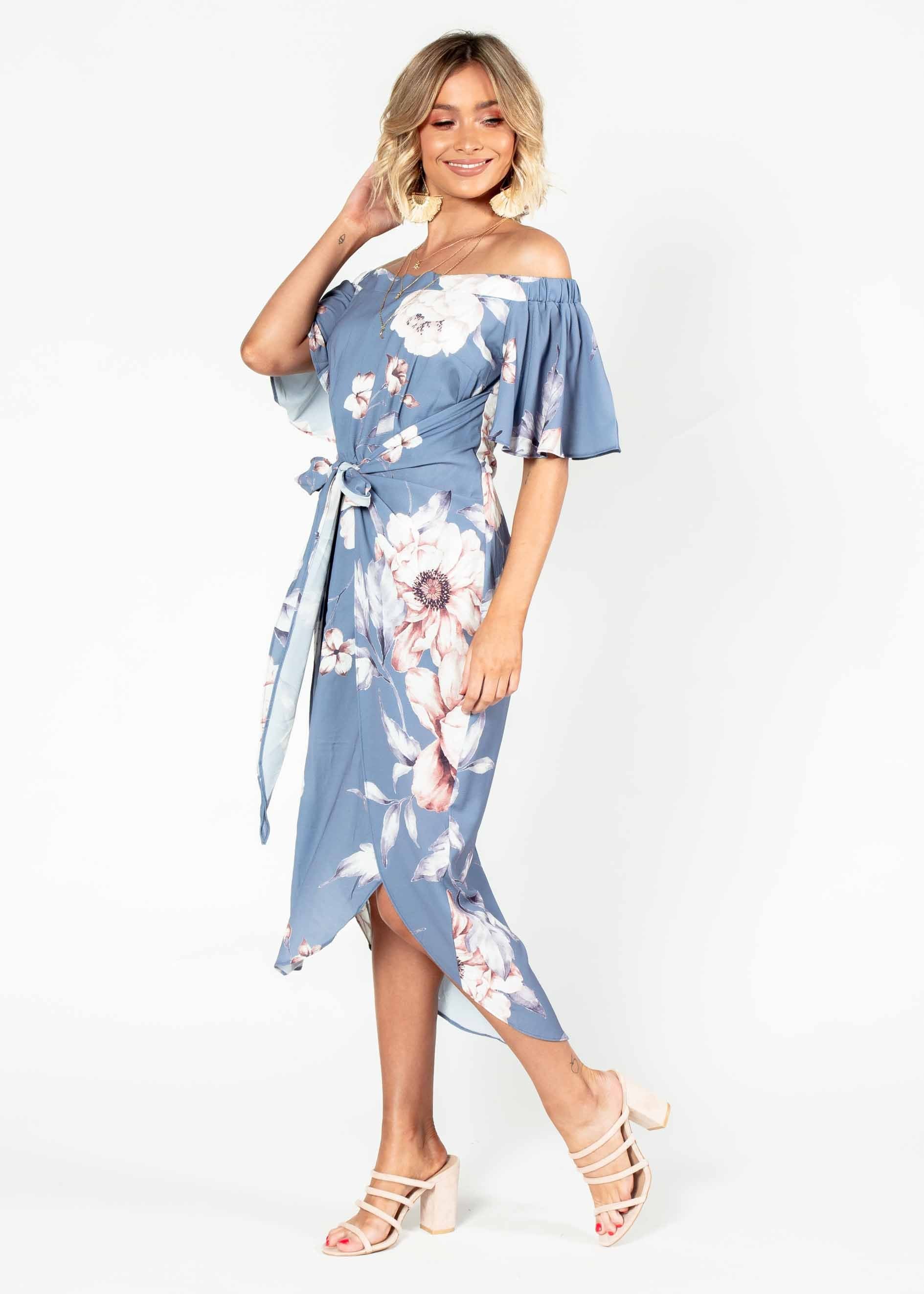 Candid Moment Off Shoulder Midi Dress - Blue Floral