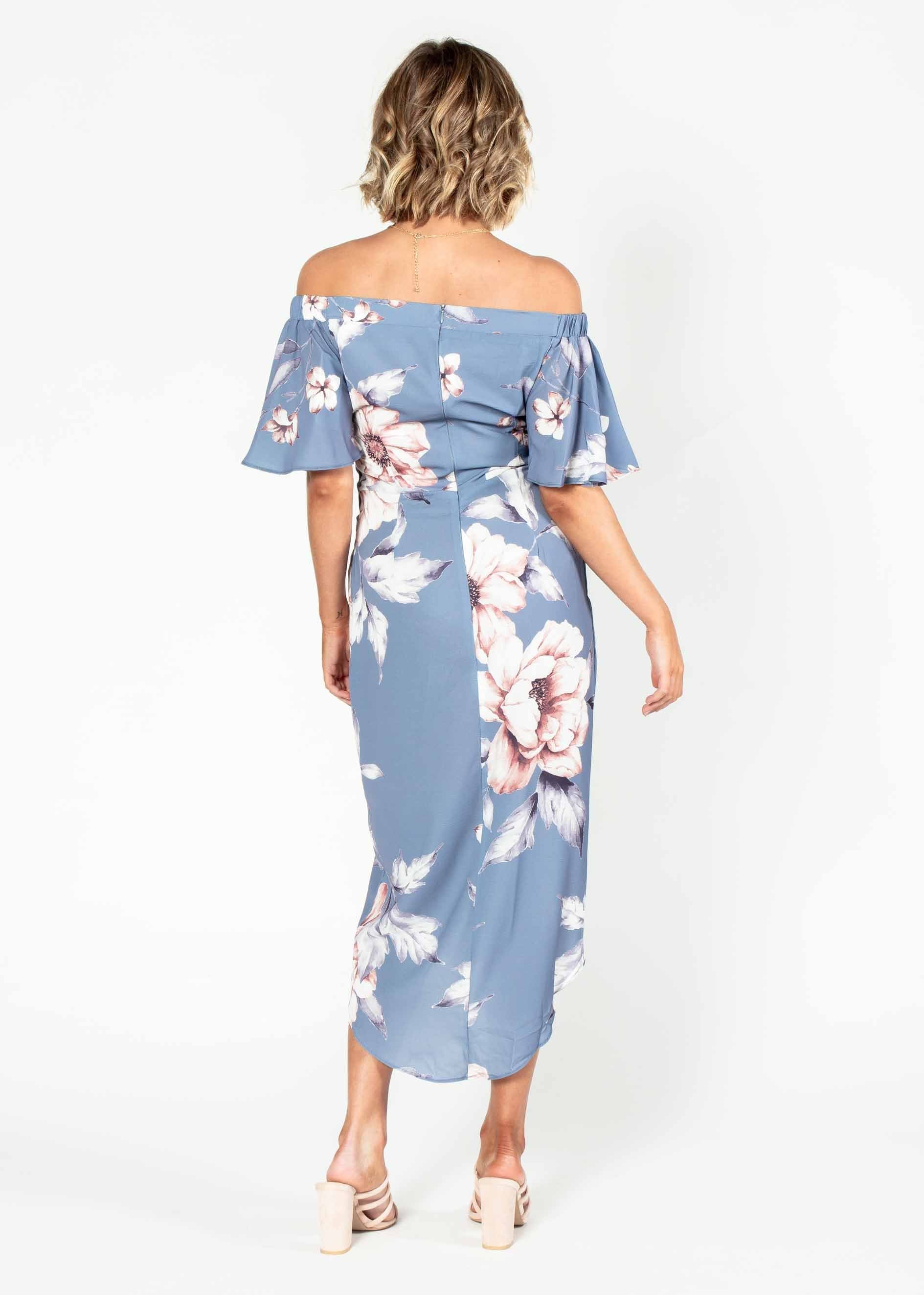 Candid Moment Off Shoulder Midi Dress - Blue Floral