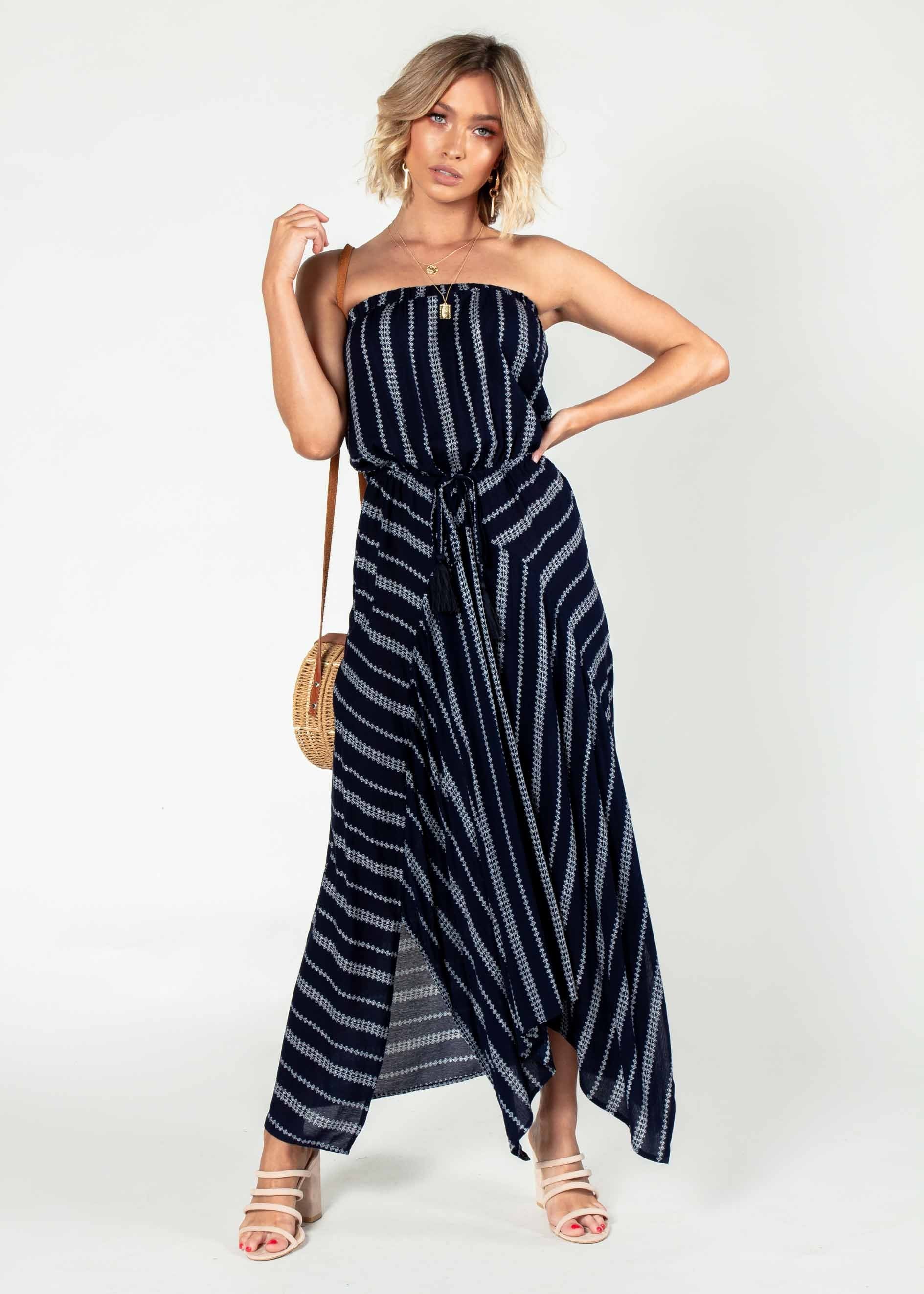 Delray Strapless Maxi Dress - Navy/White