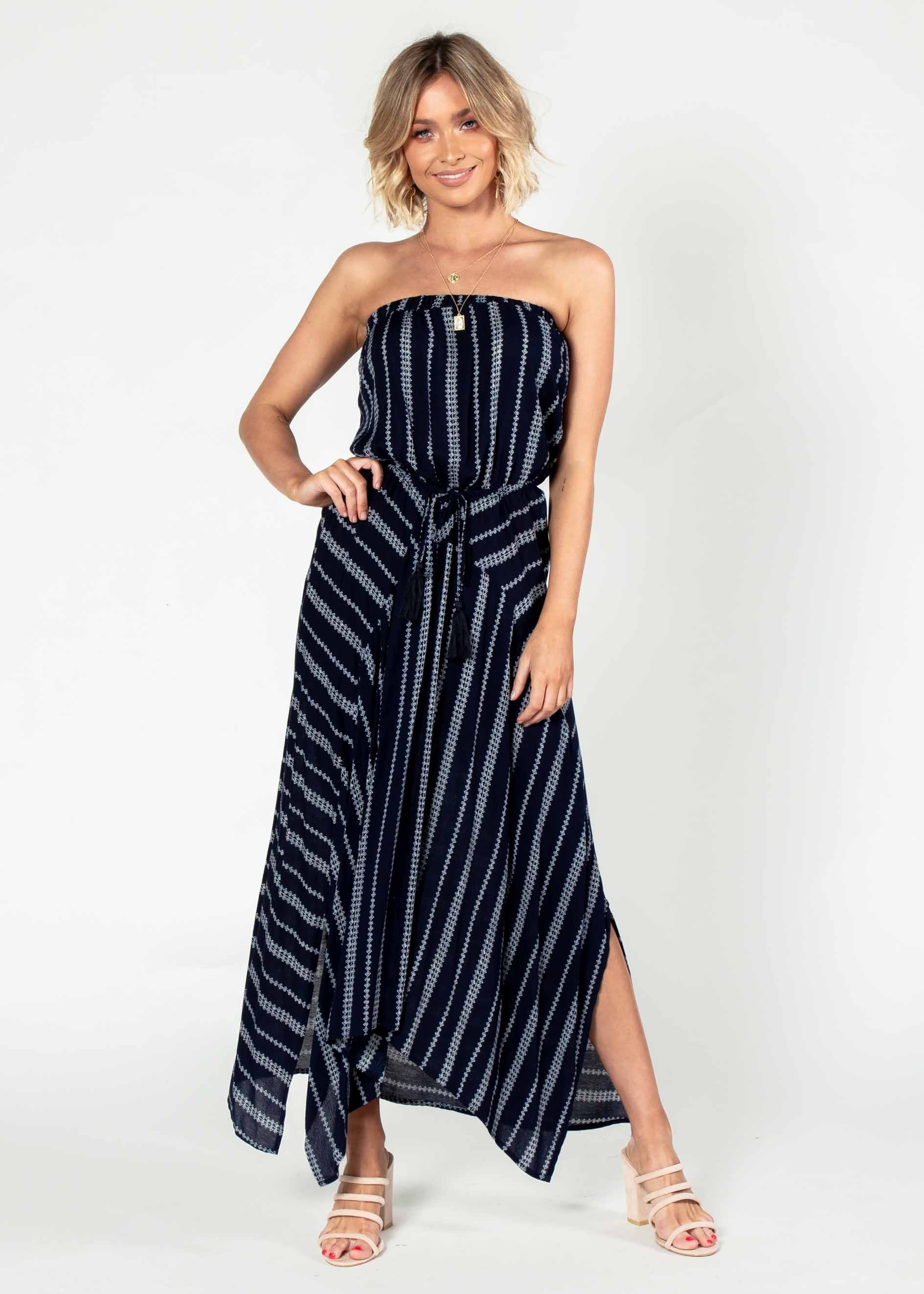 Delray Strapless Maxi Dress - Navy/White