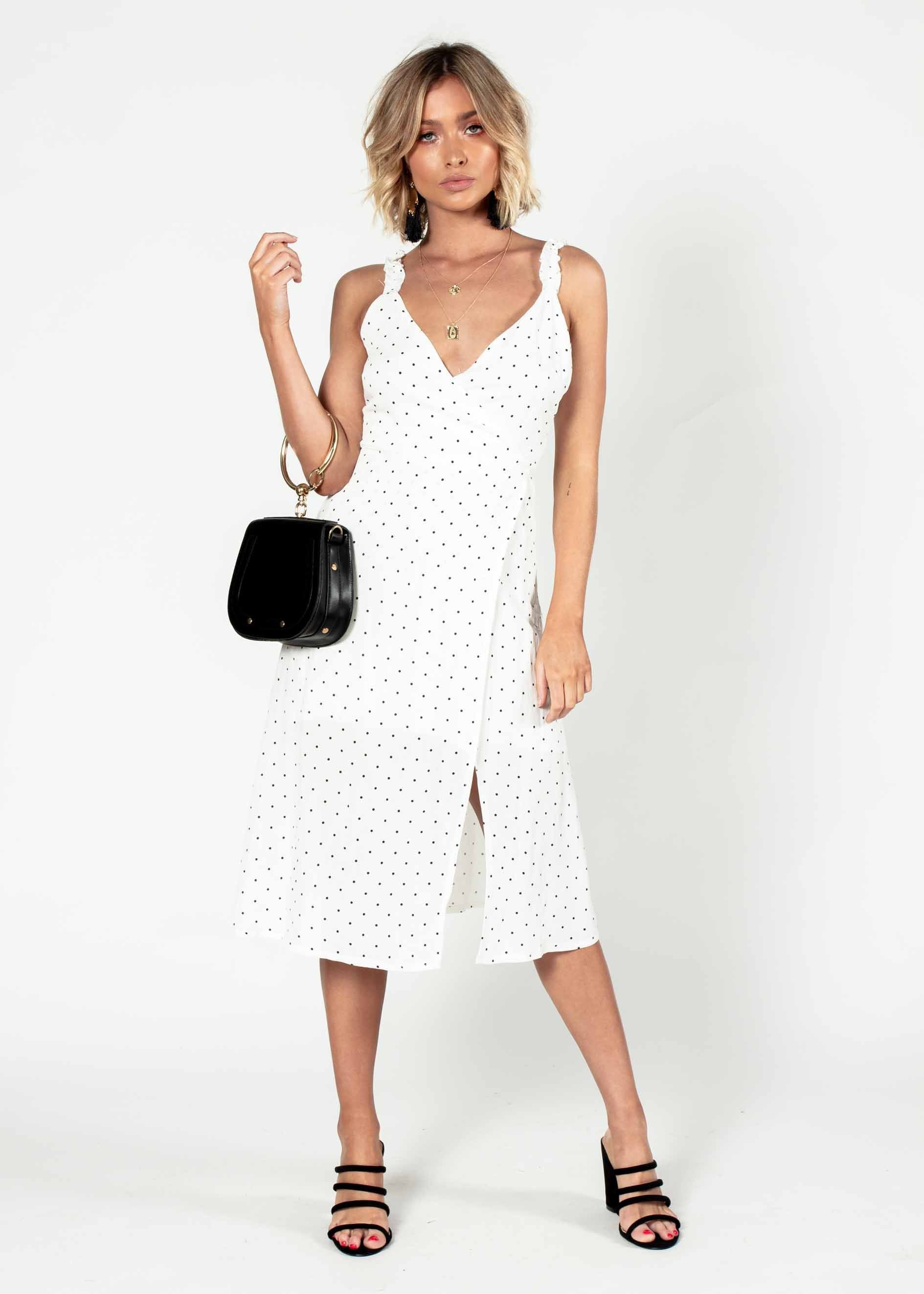 Hollie Wrap Midi Dress - White Polka
