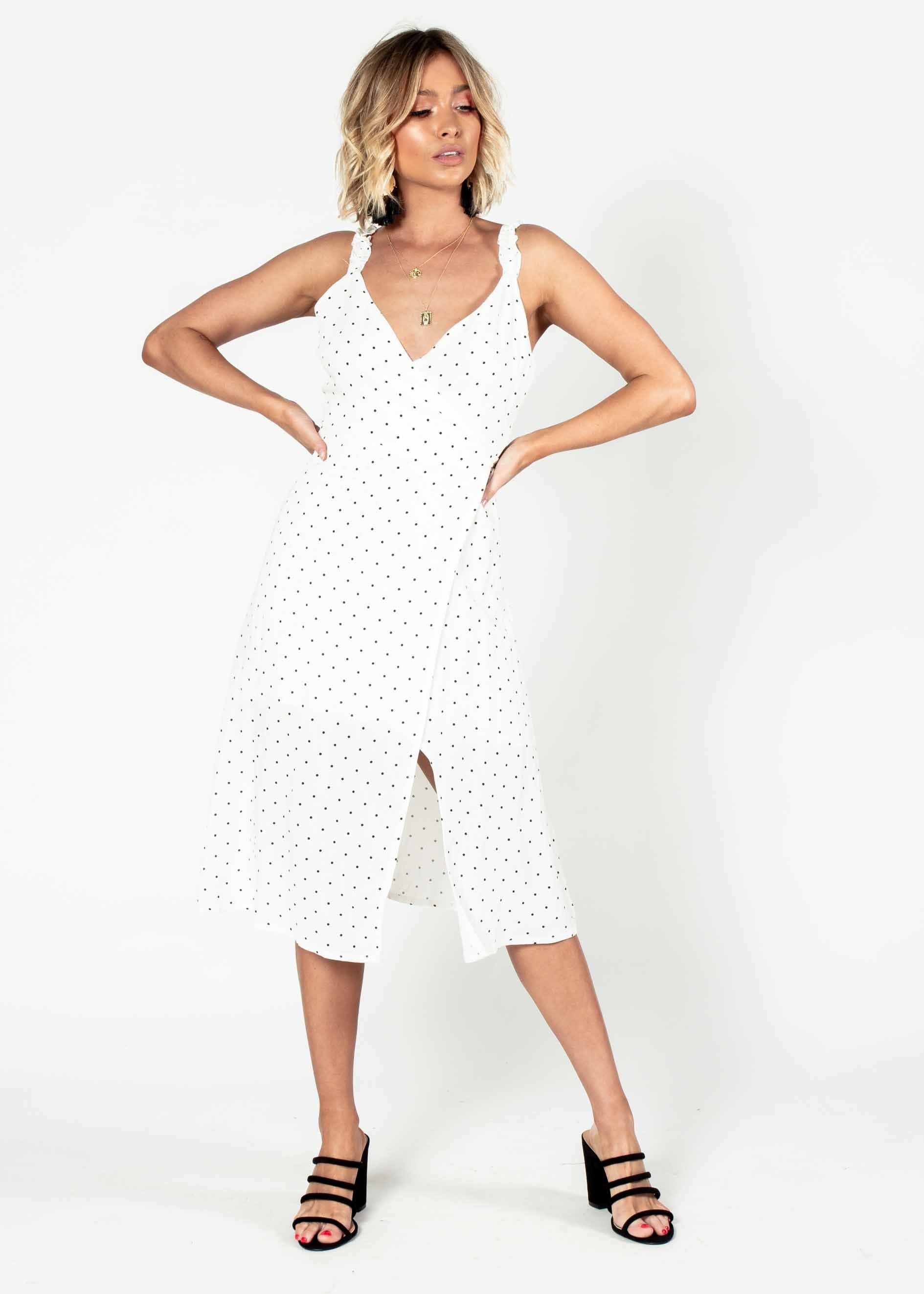 Hollie Wrap Midi Dress - White Polka
