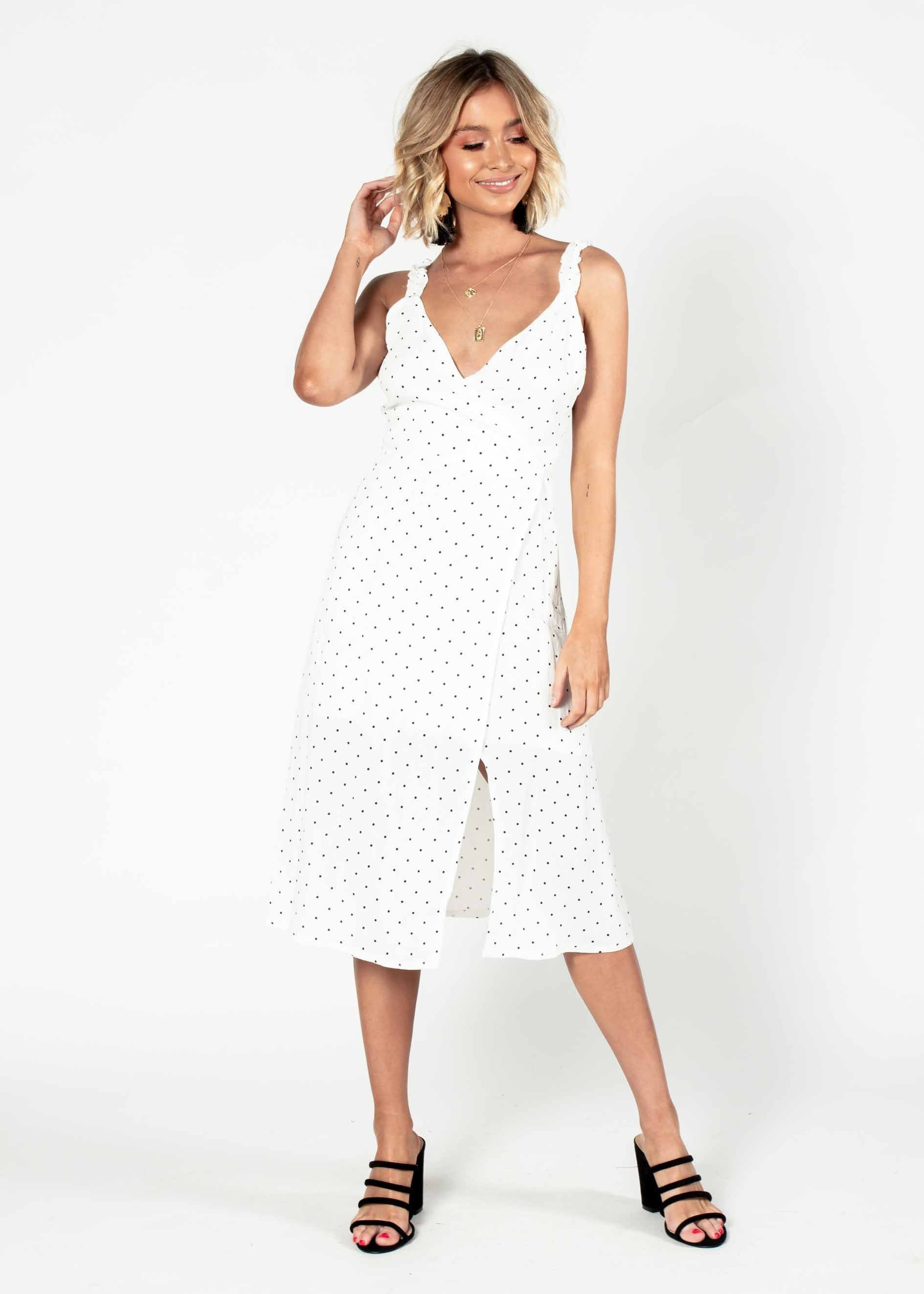 Hollie Wrap Midi Dress - White Polka