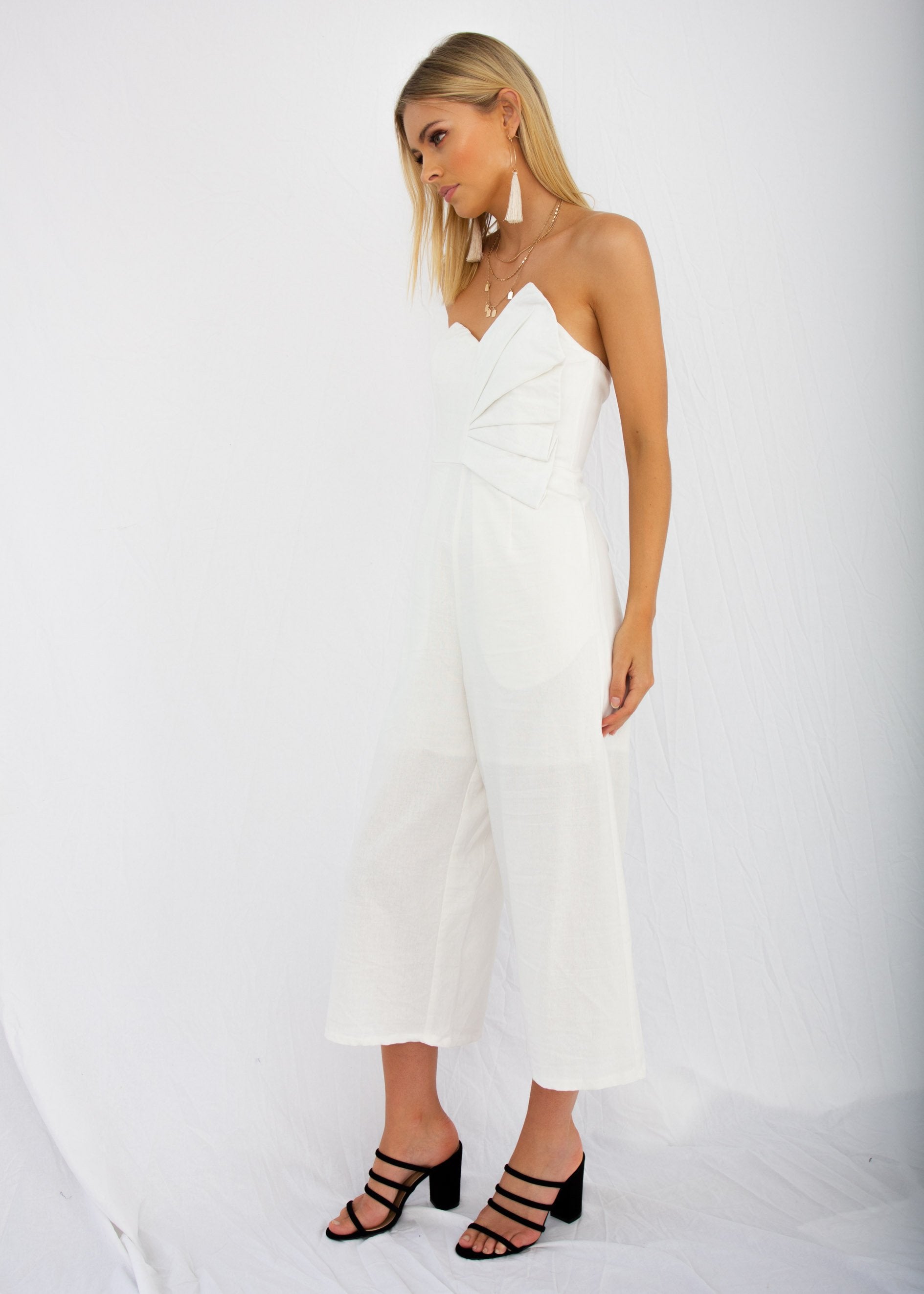 Rapid Fire Linen Strapless Pantsuit - White